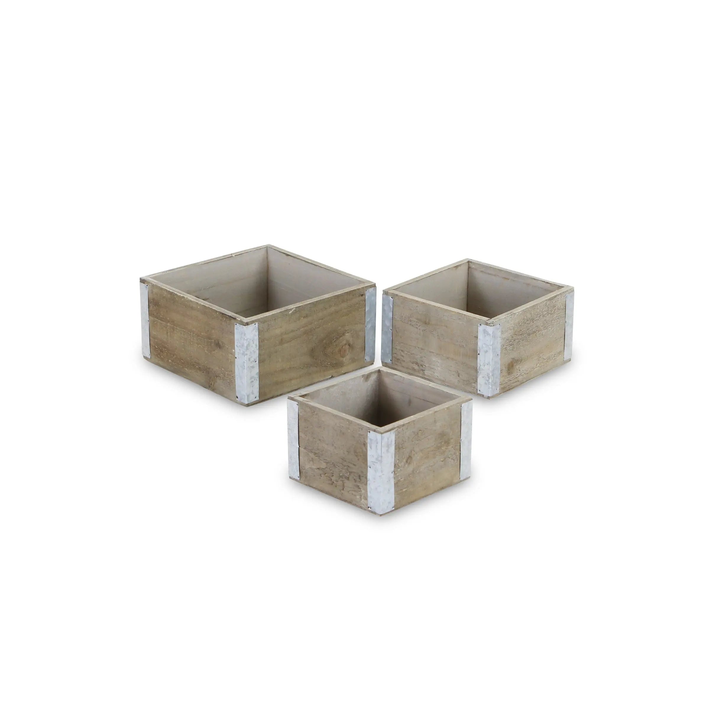 Set of Three Brown Nesting Solid Wood And Metal Crate Homeroots Office