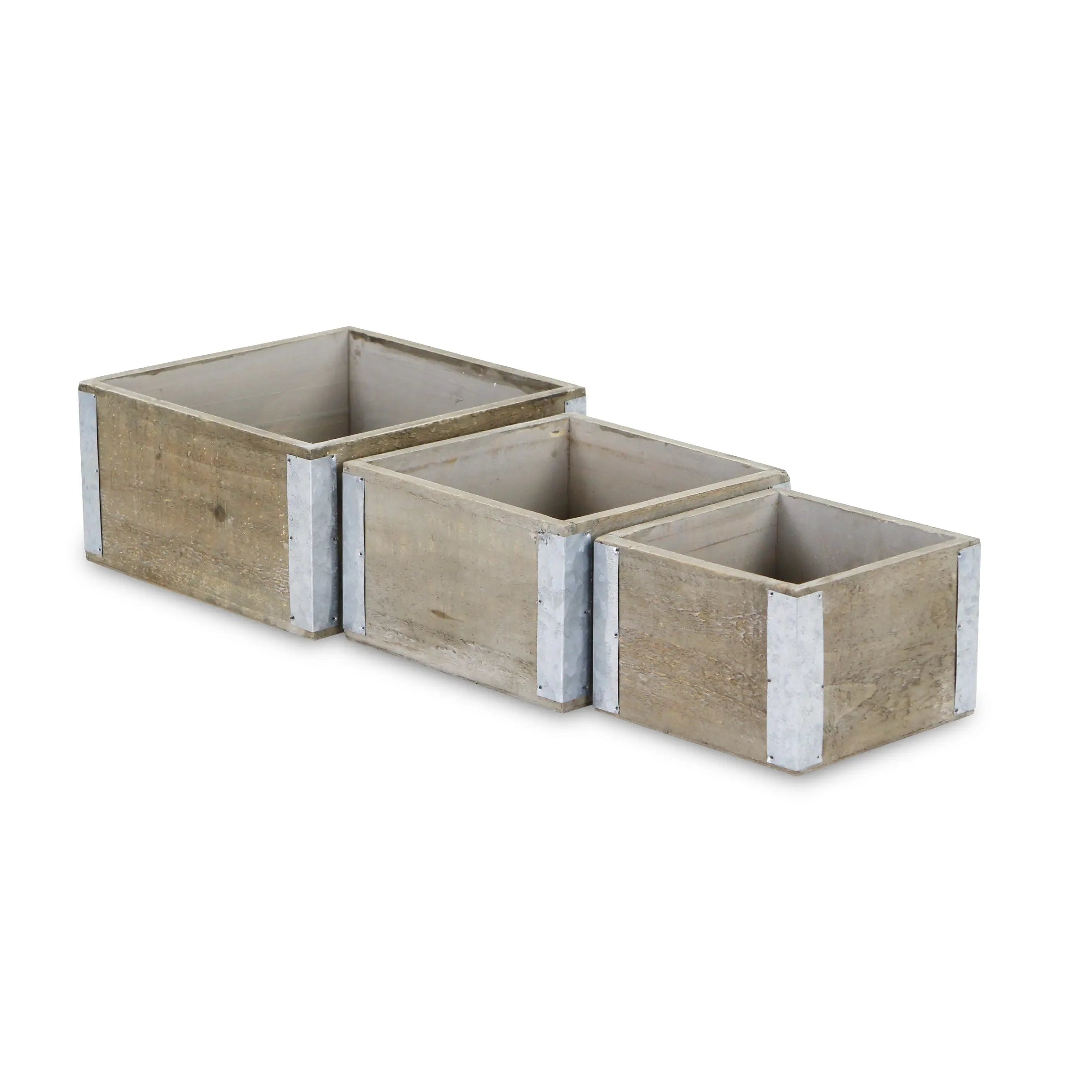 Set of Three Brown Nesting Solid Wood And Metal Crate Homeroots Office