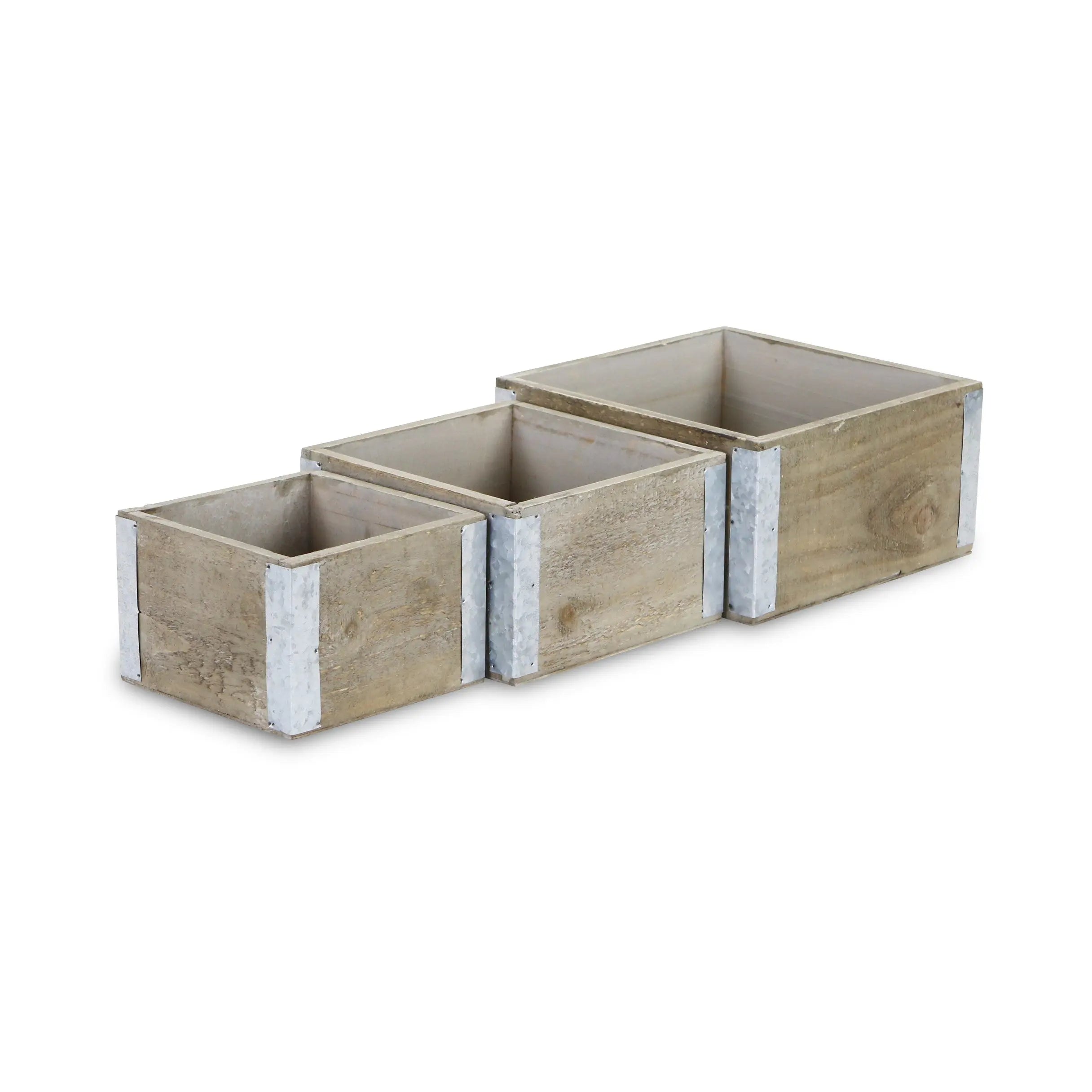 Set of Three Brown Nesting Solid Wood And Metal Crate Homeroots Office