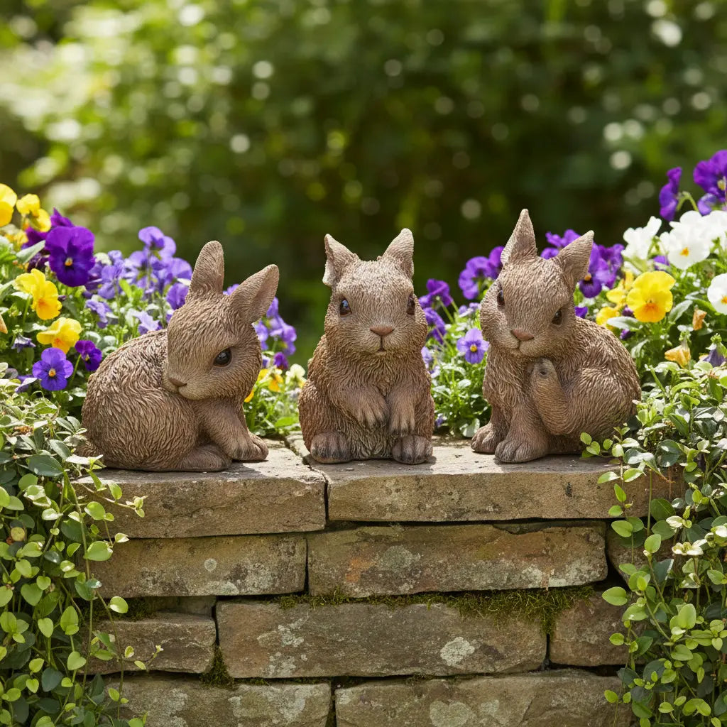 Set of Three Brown Resin Bunny Outdoor Statues Homeroots Outdoor