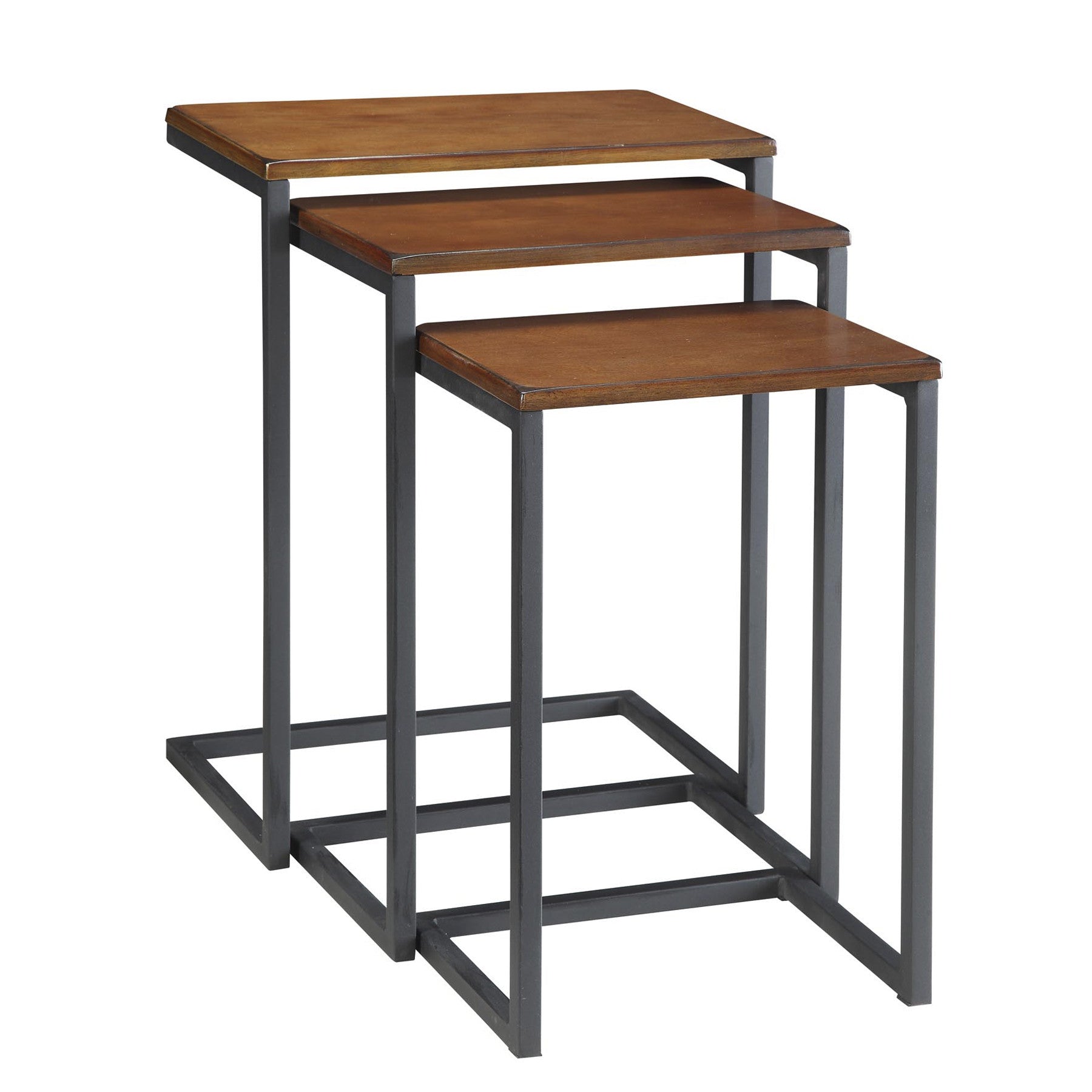 Set of Three Brown and Black Distressed Solid Wood and Metal Frame Nested Tables Homeroots Living Room