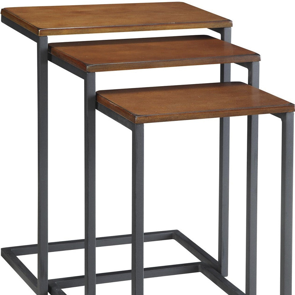 Set of Three Brown and Black Distressed Solid Wood and Metal Frame Nested Tables Homeroots Living Room