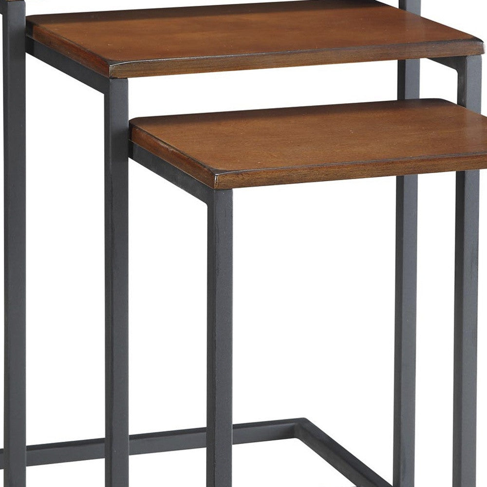 Set of Three Brown and Black Distressed Solid Wood and Metal Frame Nested Tables Homeroots Living Room