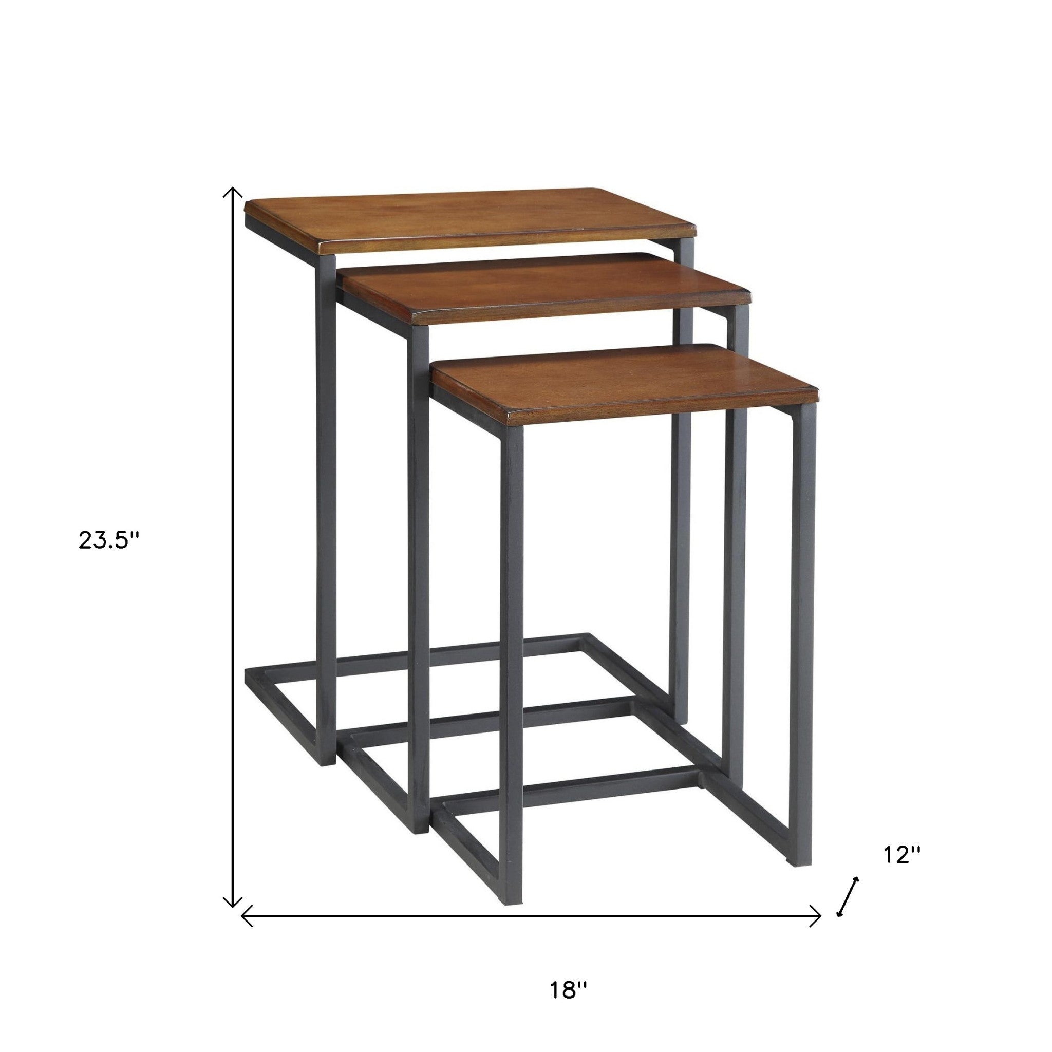 Set of Three Brown and Black Distressed Solid Wood and Metal Frame Nested Tables Homeroots Living Room