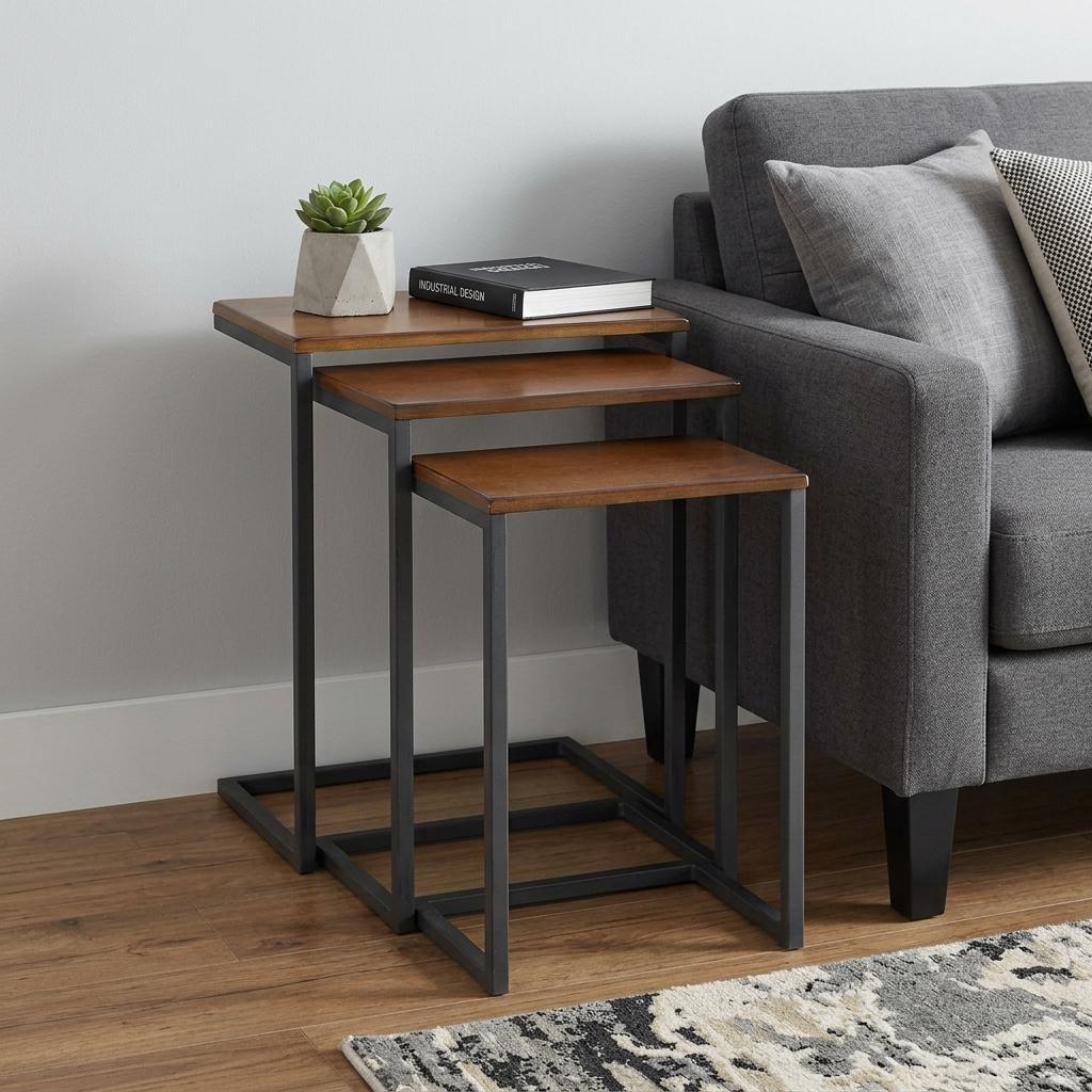 Set of Three Brown and Black Distressed Solid Wood and Metal Frame Nested Tables Homeroots Living Room
