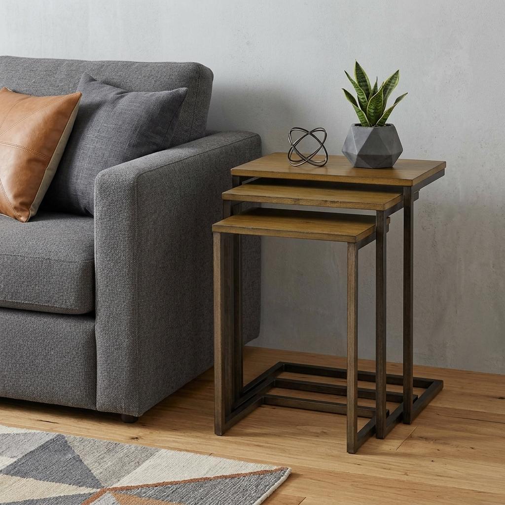 Set of Three Brown and Black Distressed Solid Wood and Steel Frame Nested Tables Homeroots Living Room