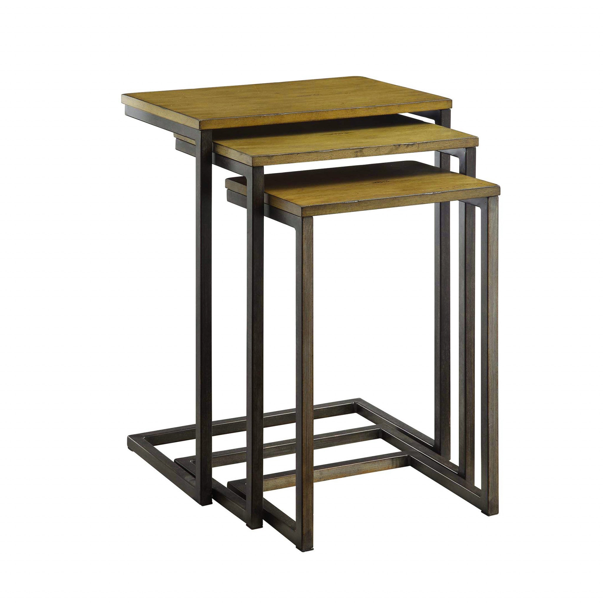 Set of Three Brown and Black Distressed Solid Wood and Steel Frame Nested Tables Homeroots Living Room