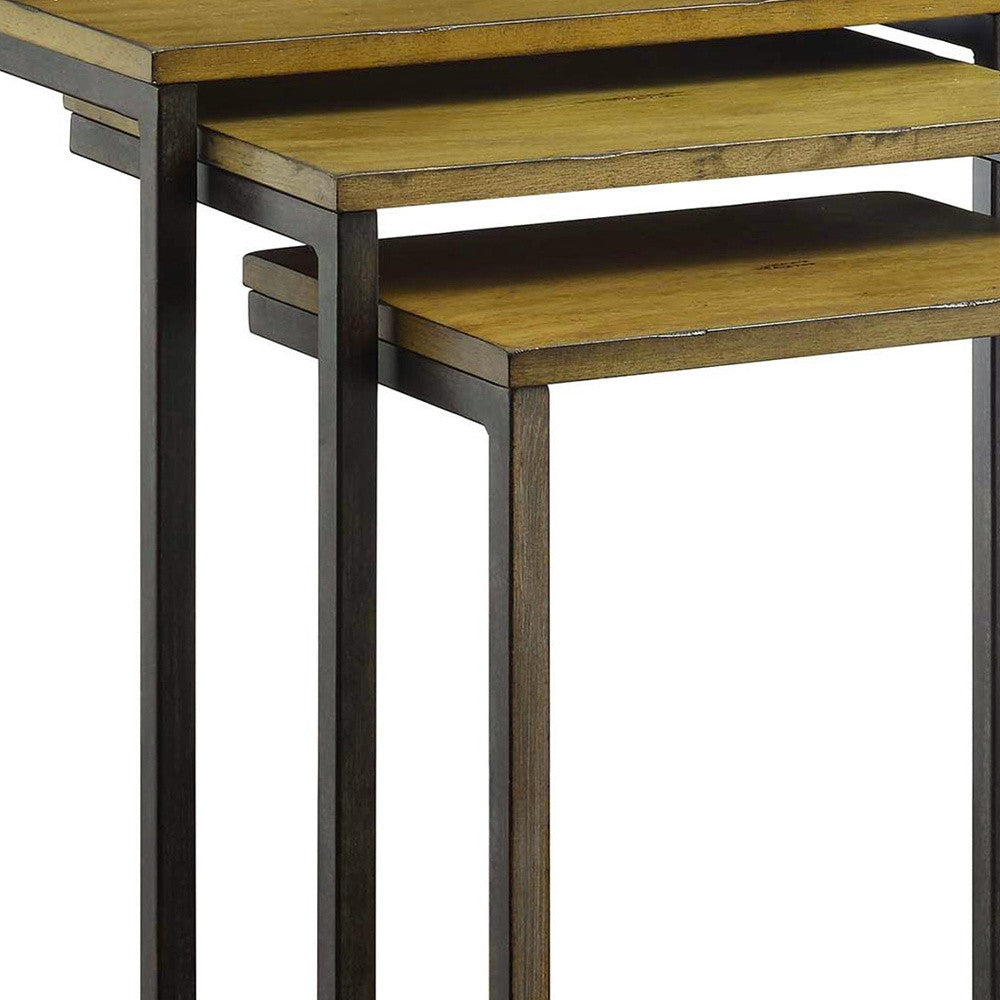 Set of Three Brown and Black Distressed Solid Wood and Steel Frame Nested Tables Homeroots Living Room
