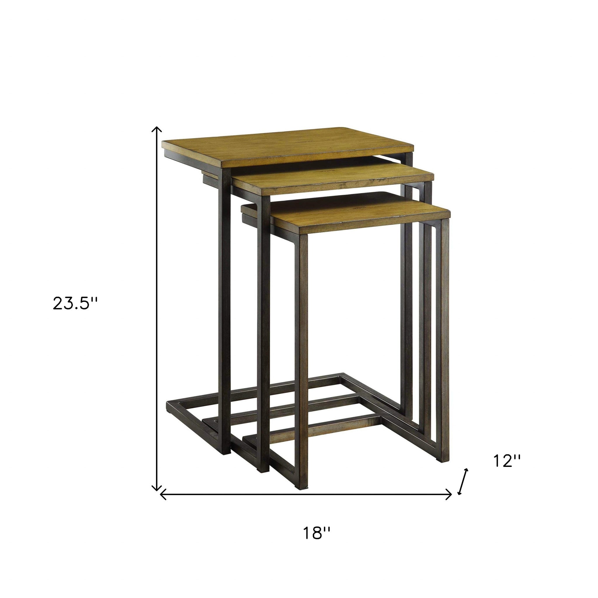 Set of Three Brown and Black Distressed Solid Wood and Steel Frame Nested Tables Homeroots Living Room