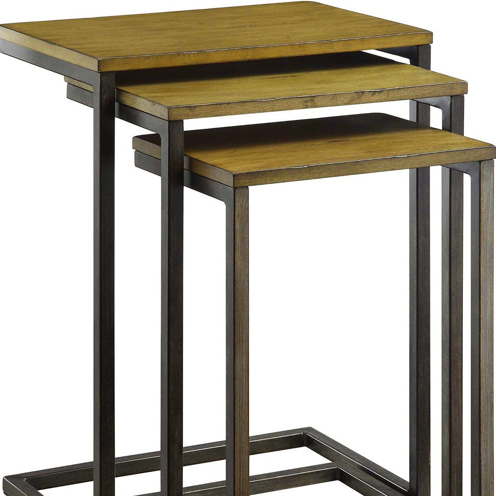 Set of Three Brown and Black Distressed Solid Wood and Steel Frame Nested Tables Homeroots Living Room