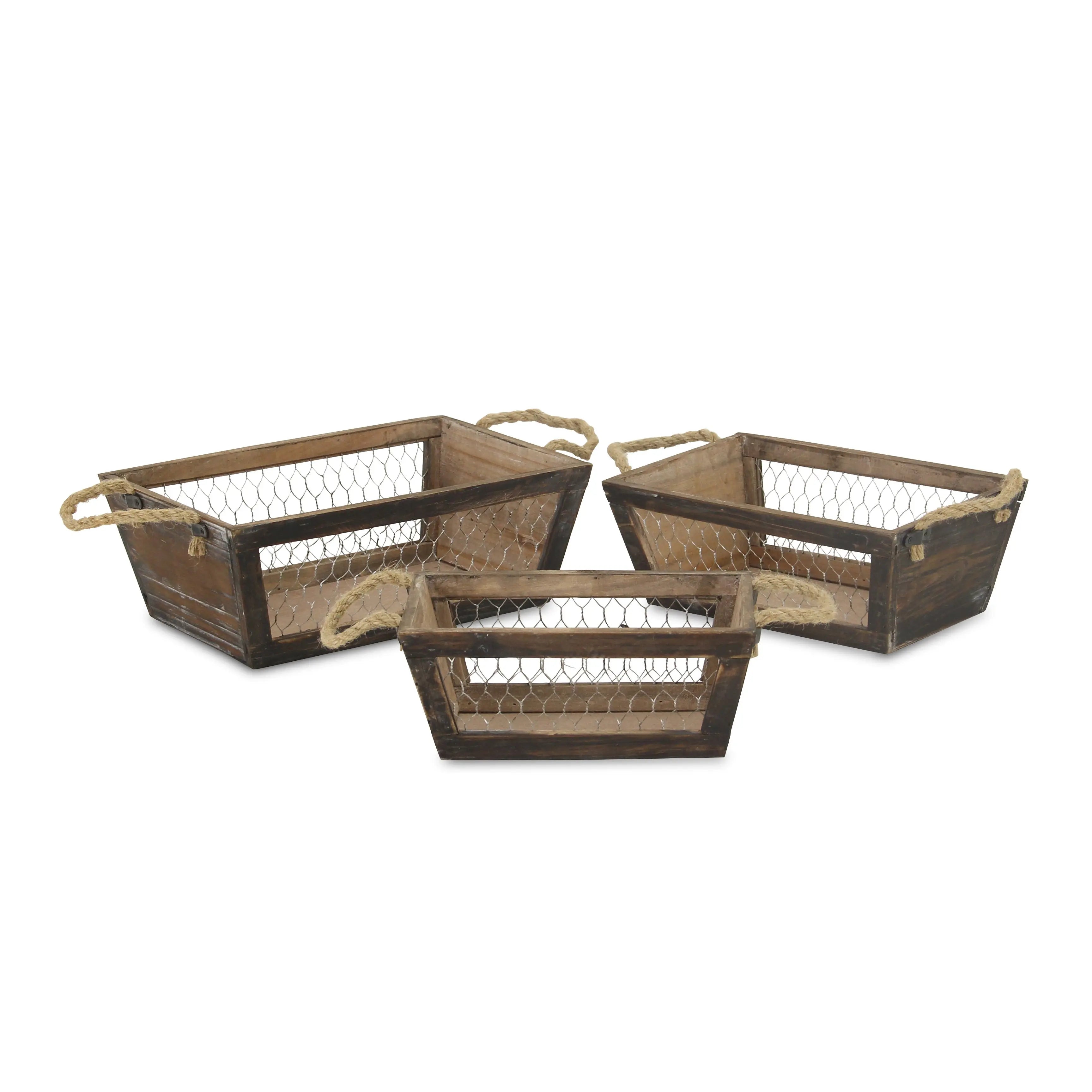 Set of Three Dark Brown Nesting Solid Wood And Metal Crate Homeroots Office