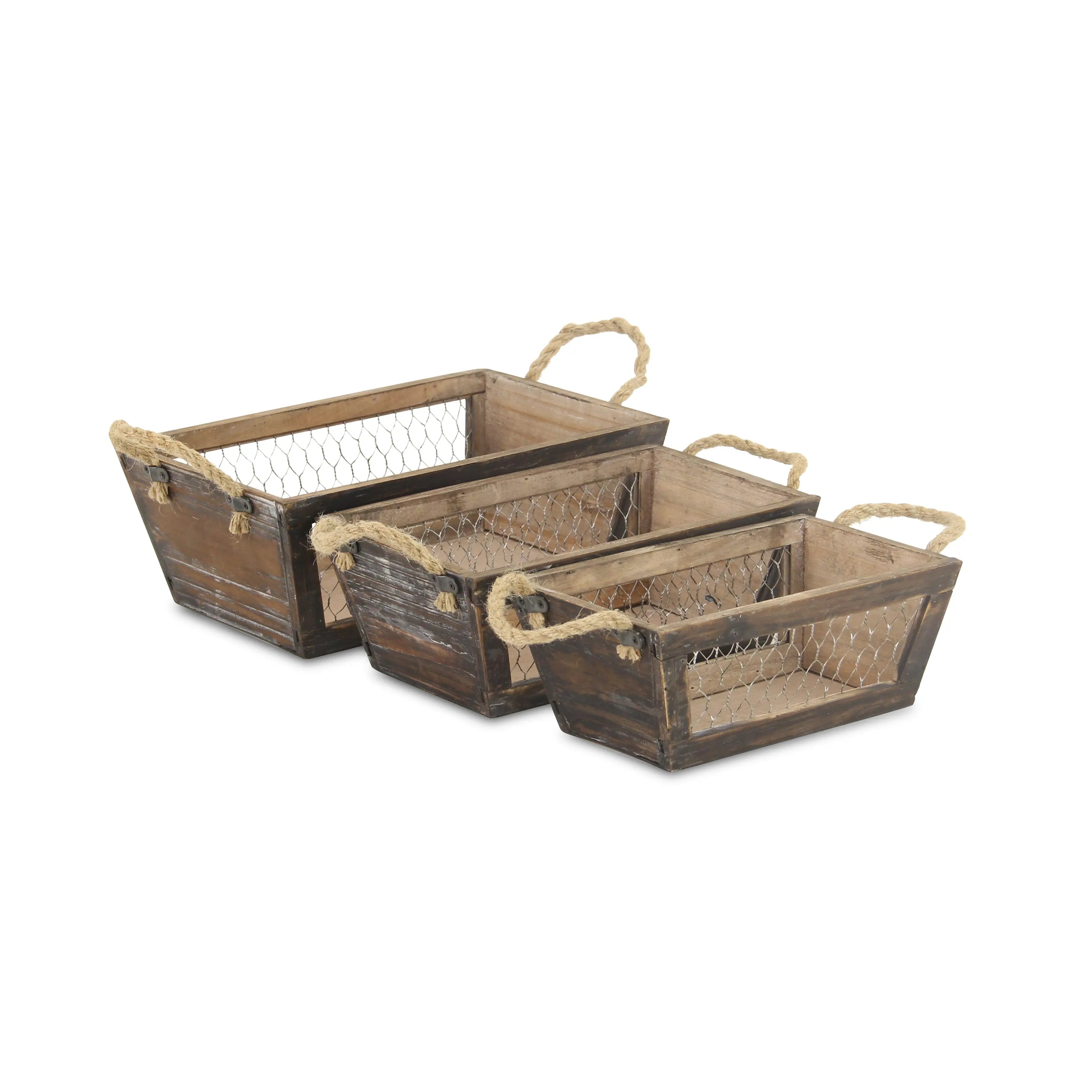 Set of Three Dark Brown Nesting Solid Wood And Metal Crate Homeroots Office