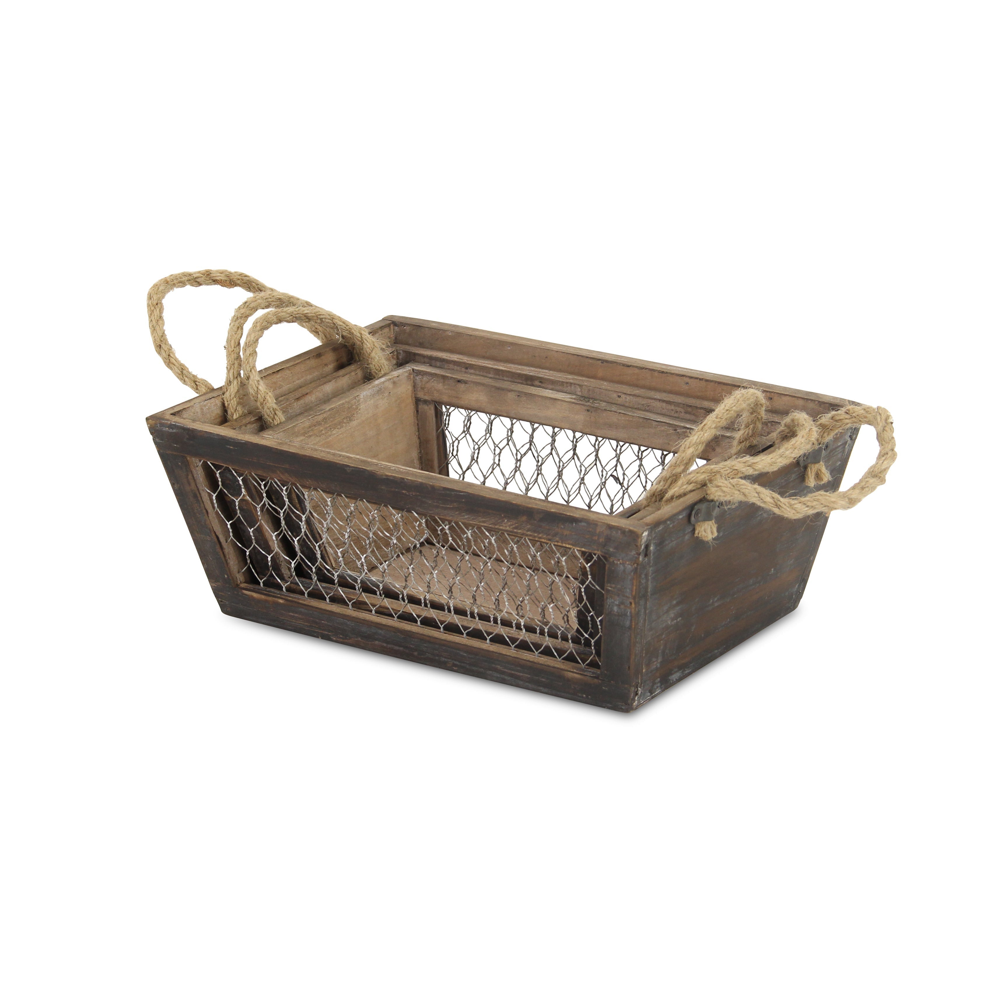 Set of Three Dark Brown Nesting Solid Wood And Metal Crate Homeroots Office