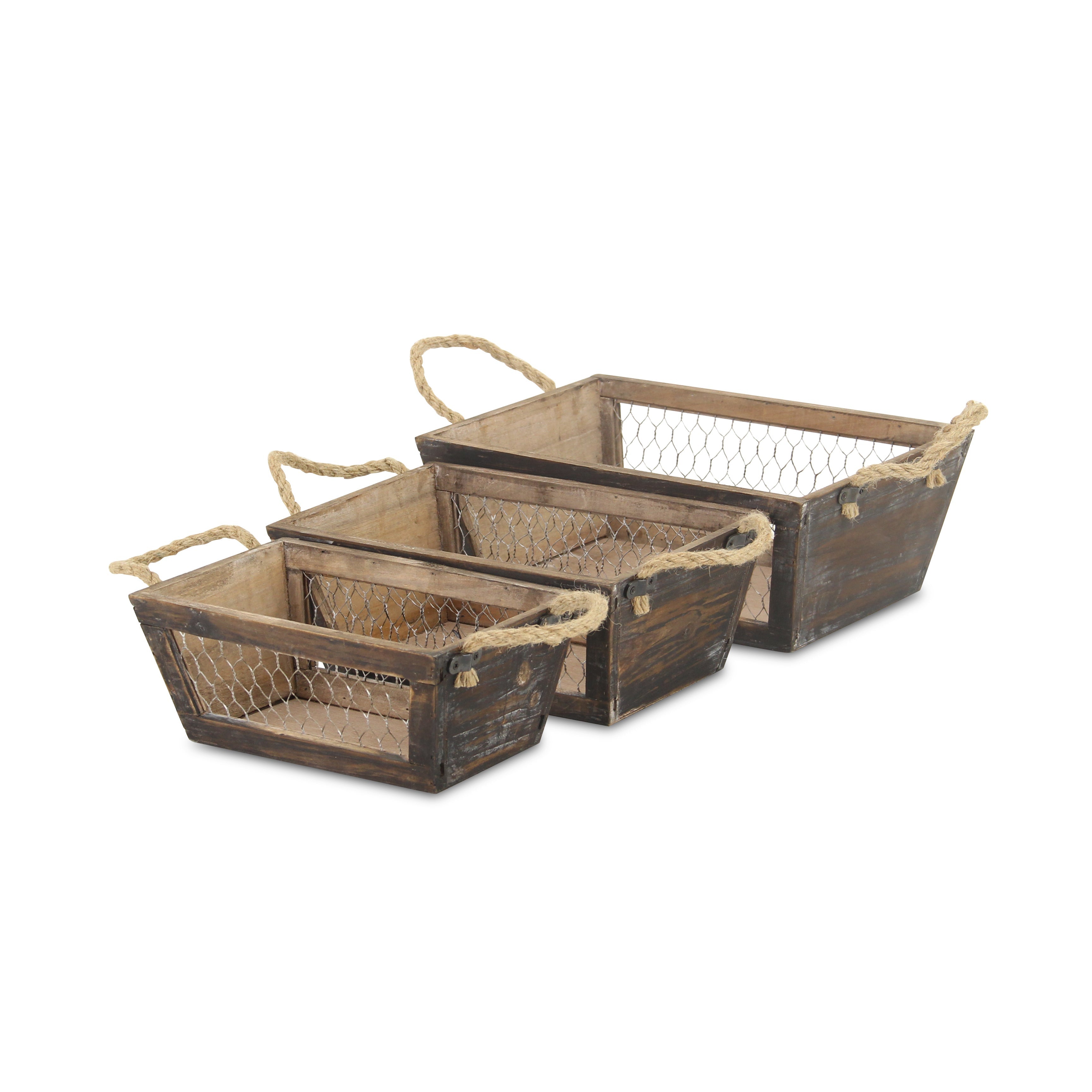 Set of Three Dark Brown Nesting Solid Wood And Metal Crate Homeroots Office