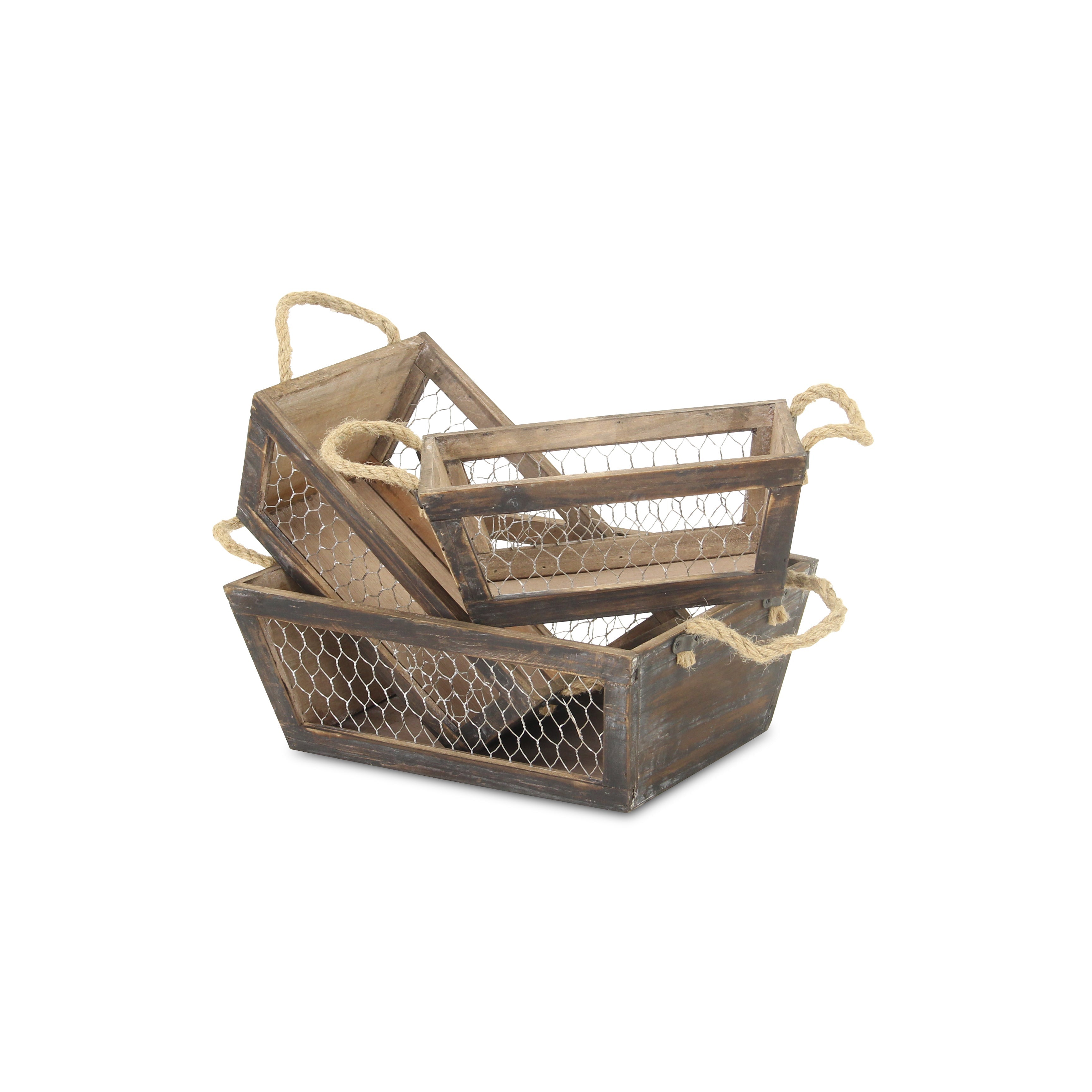Set of Three Dark Brown Nesting Solid Wood And Metal Crate Homeroots Office