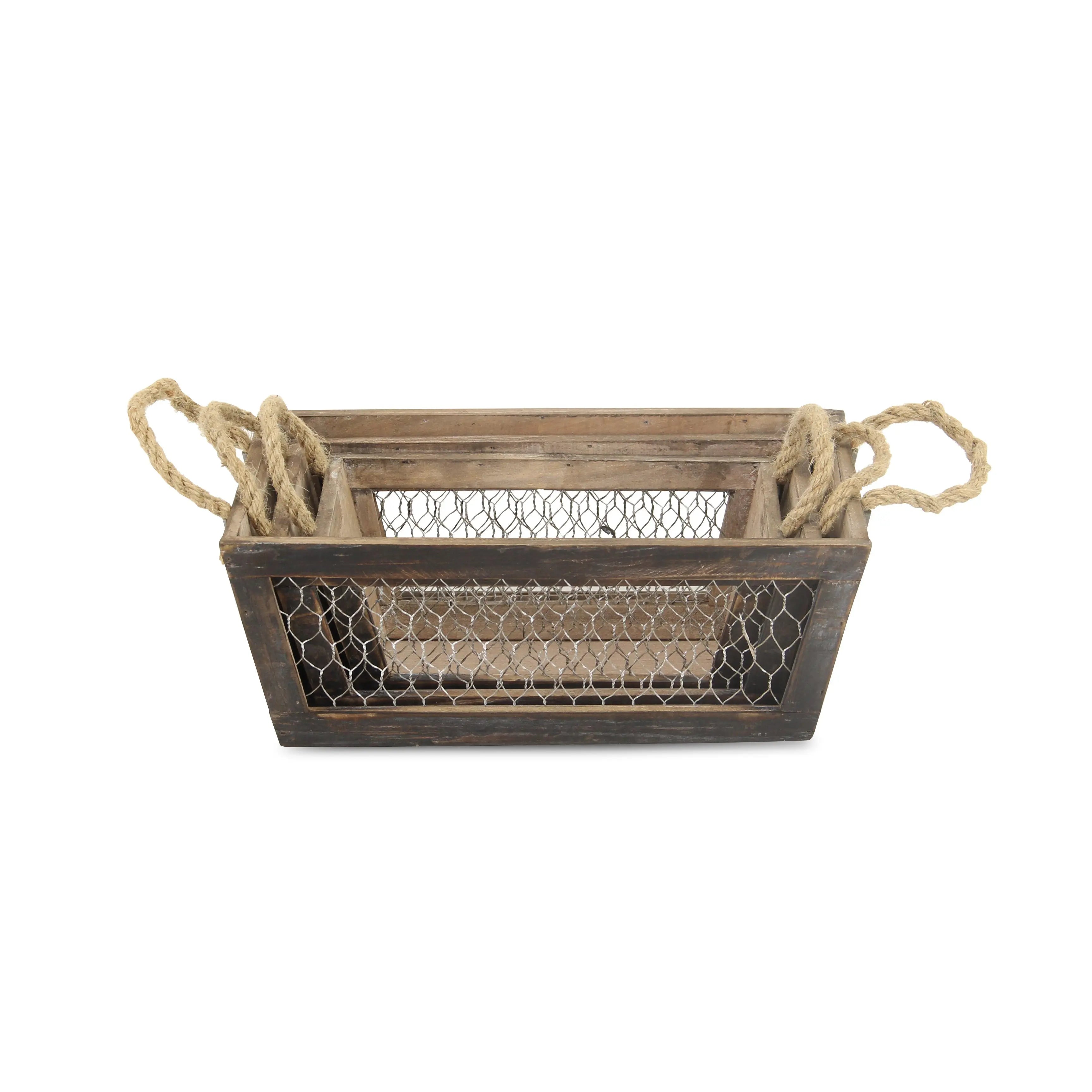 Set of Three Dark Brown Nesting Solid Wood And Metal Crate Homeroots Office