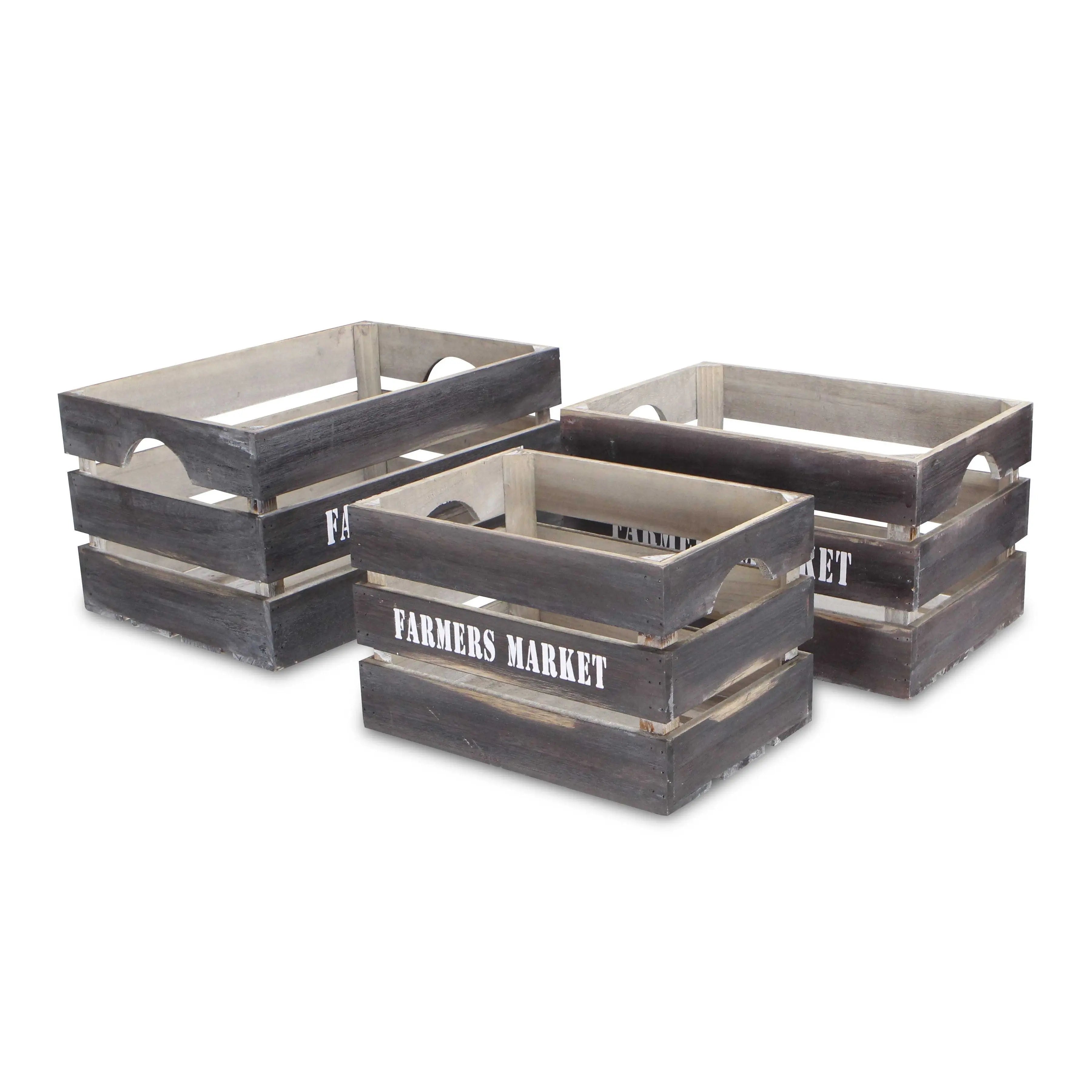 Set of Three Dark Brown Nesting Solid Wood Crate Homeroots Office