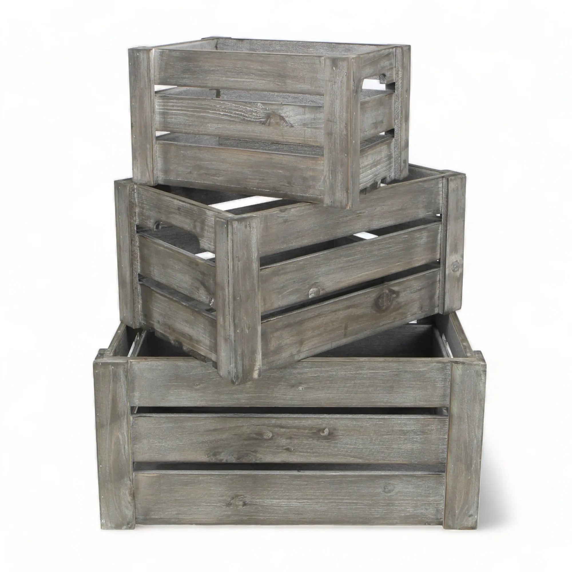 Set of Three Gray Nesting Solid Wood And Metal Crate Homeroots Office