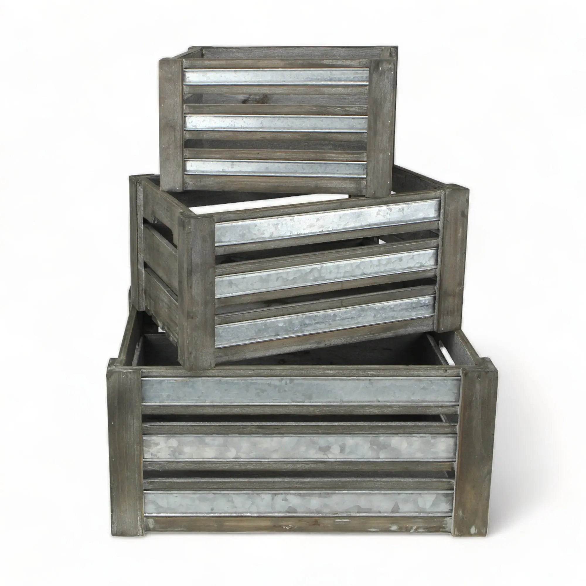 Set of Three Gray Nesting Solid Wood And Metal Crate Homeroots Office