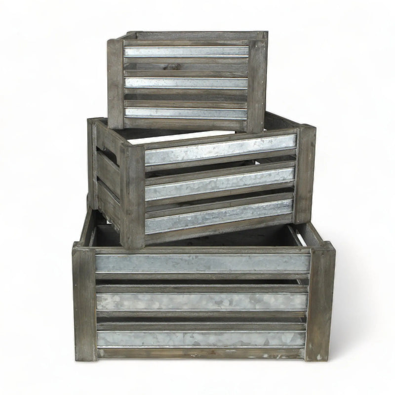 Set of Three Gray Nesting Solid Wood And Metal Crate Homeroots Office