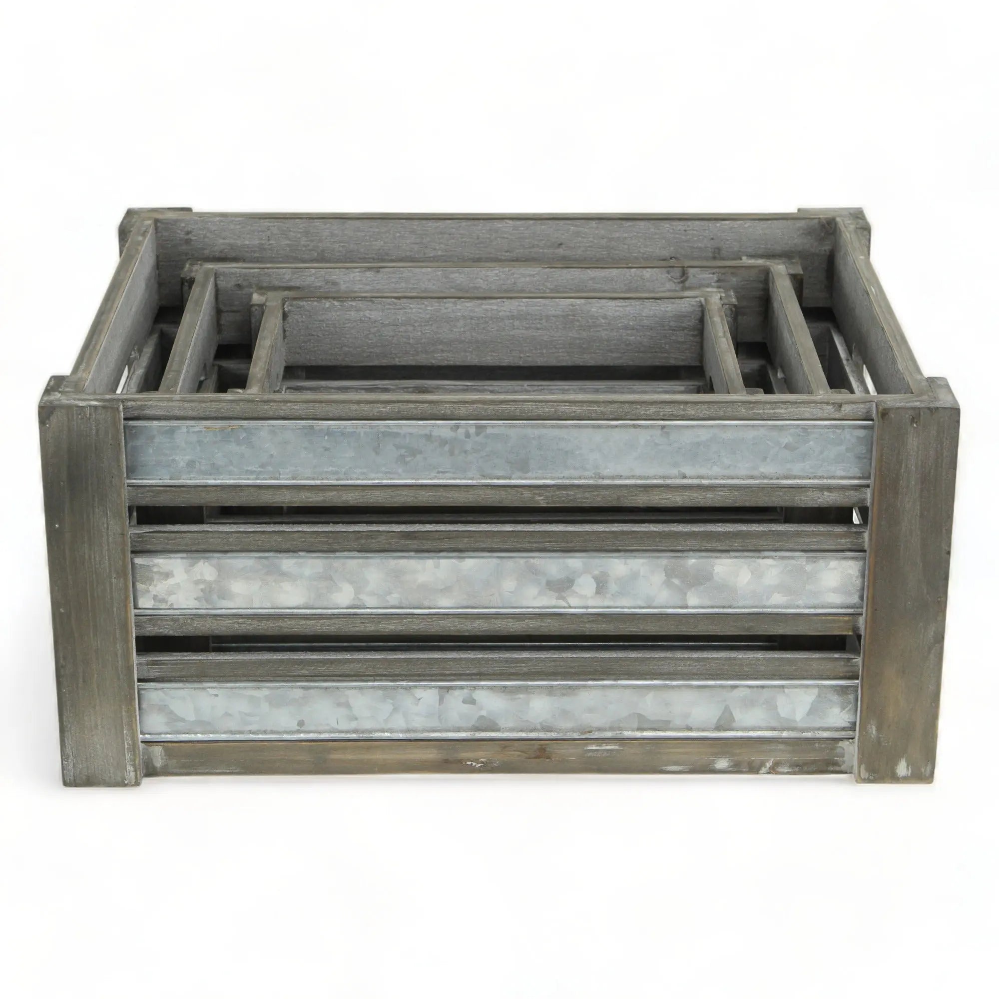 Set of Three Gray Nesting Solid Wood And Metal Crate Homeroots Office