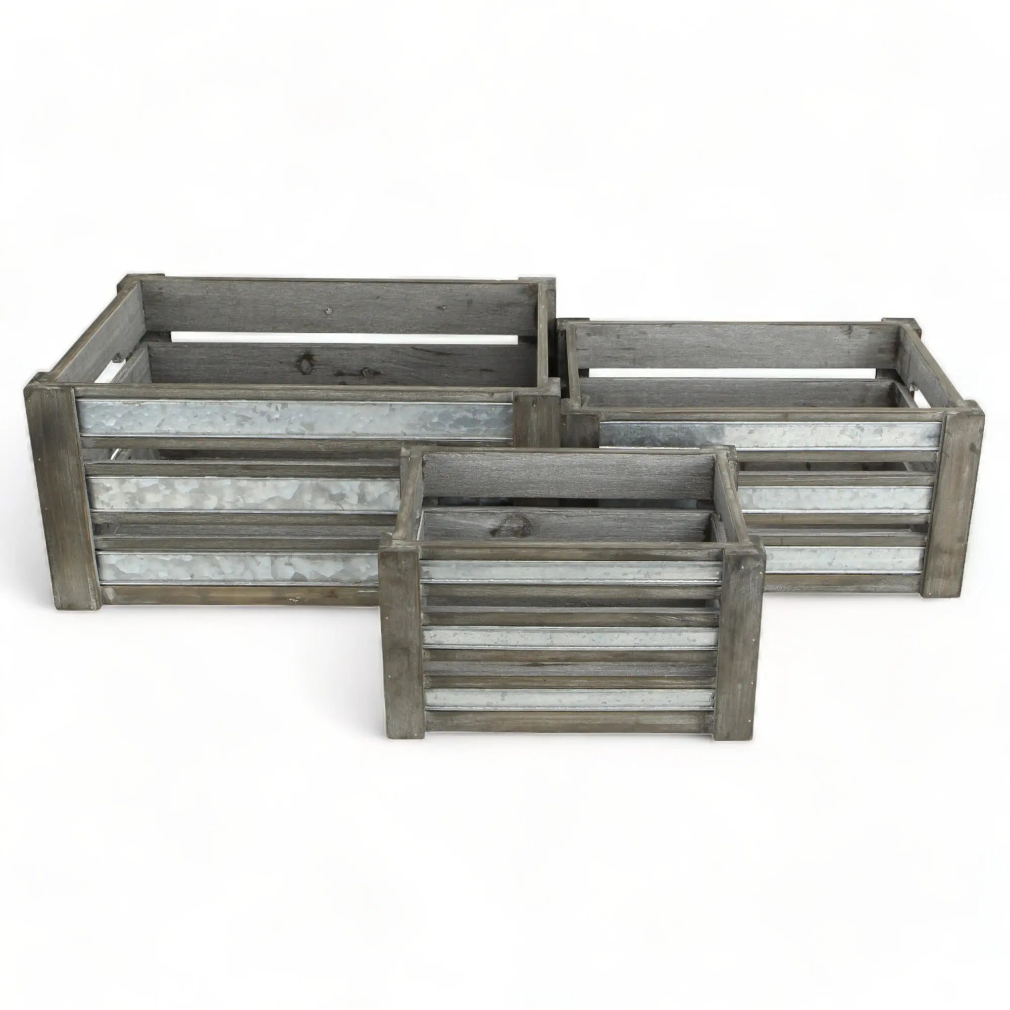 Set of Three Gray Nesting Solid Wood And Metal Crate Homeroots Office
