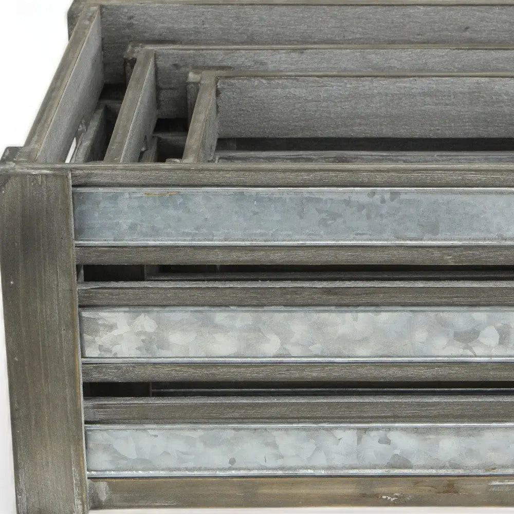 Set of Three Gray Nesting Solid Wood And Metal Crate Homeroots Office