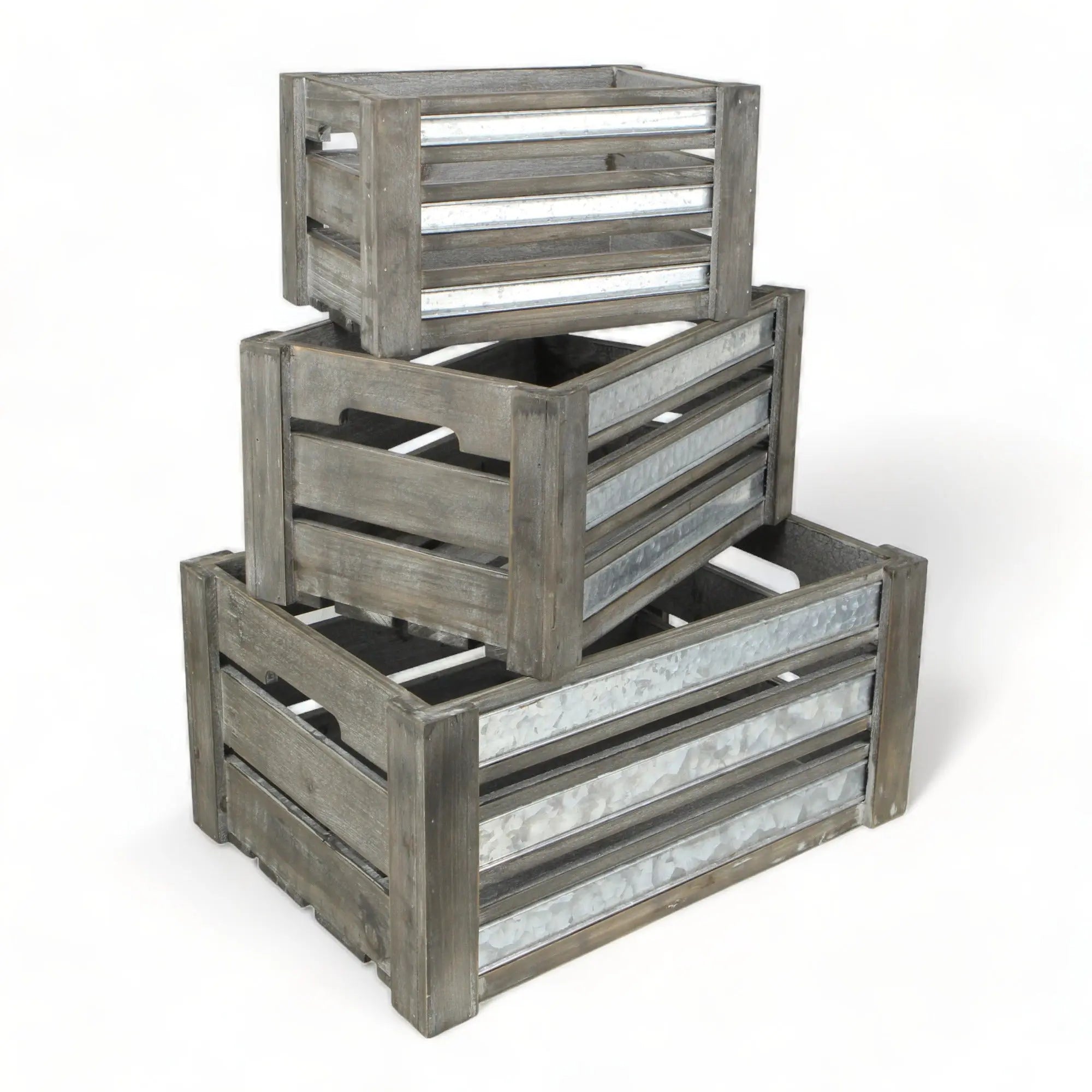 Set of Three Gray Nesting Solid Wood And Metal Crate Homeroots Office