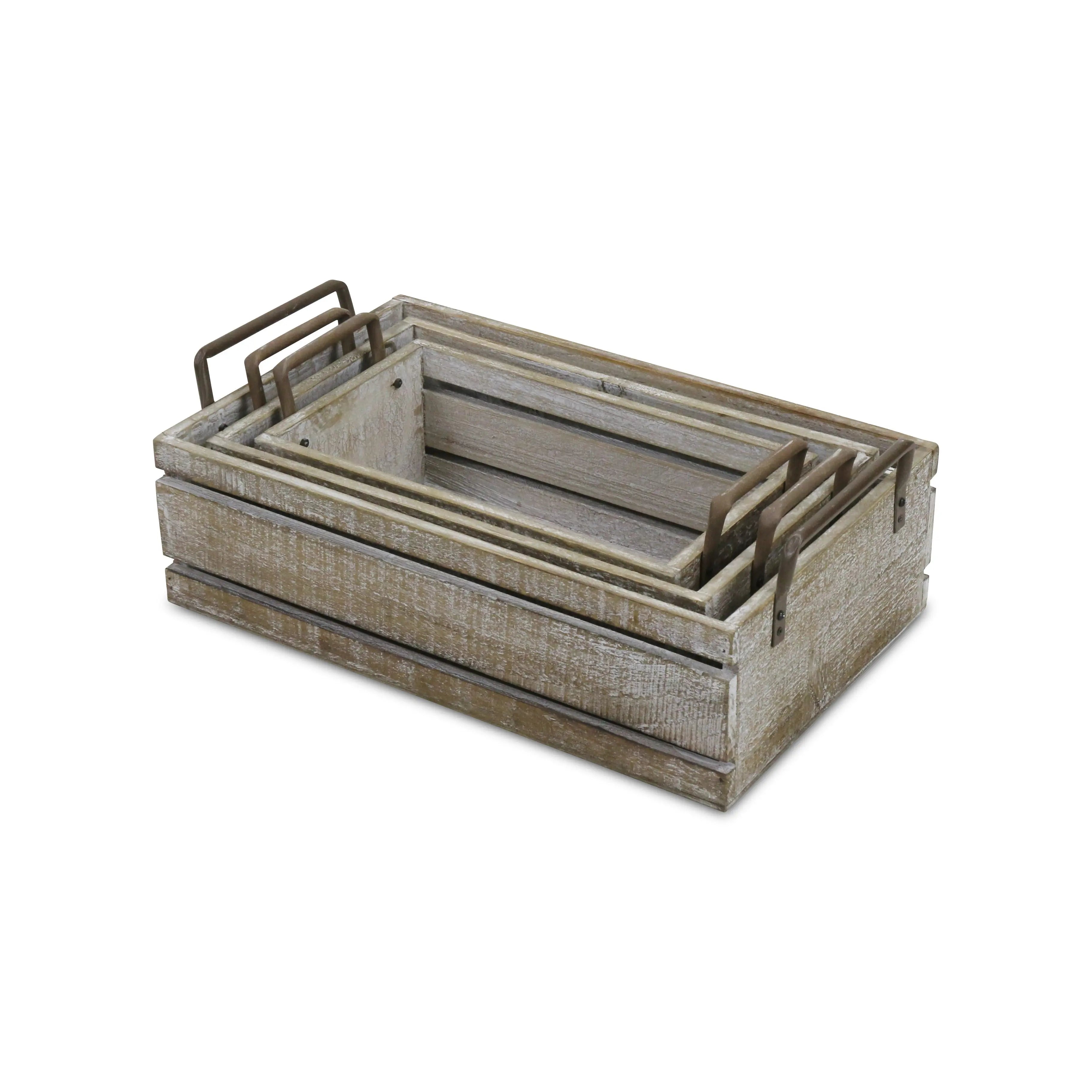 Set of Three Gray Nesting Solid Wood And Metal Crate Homeroots Office