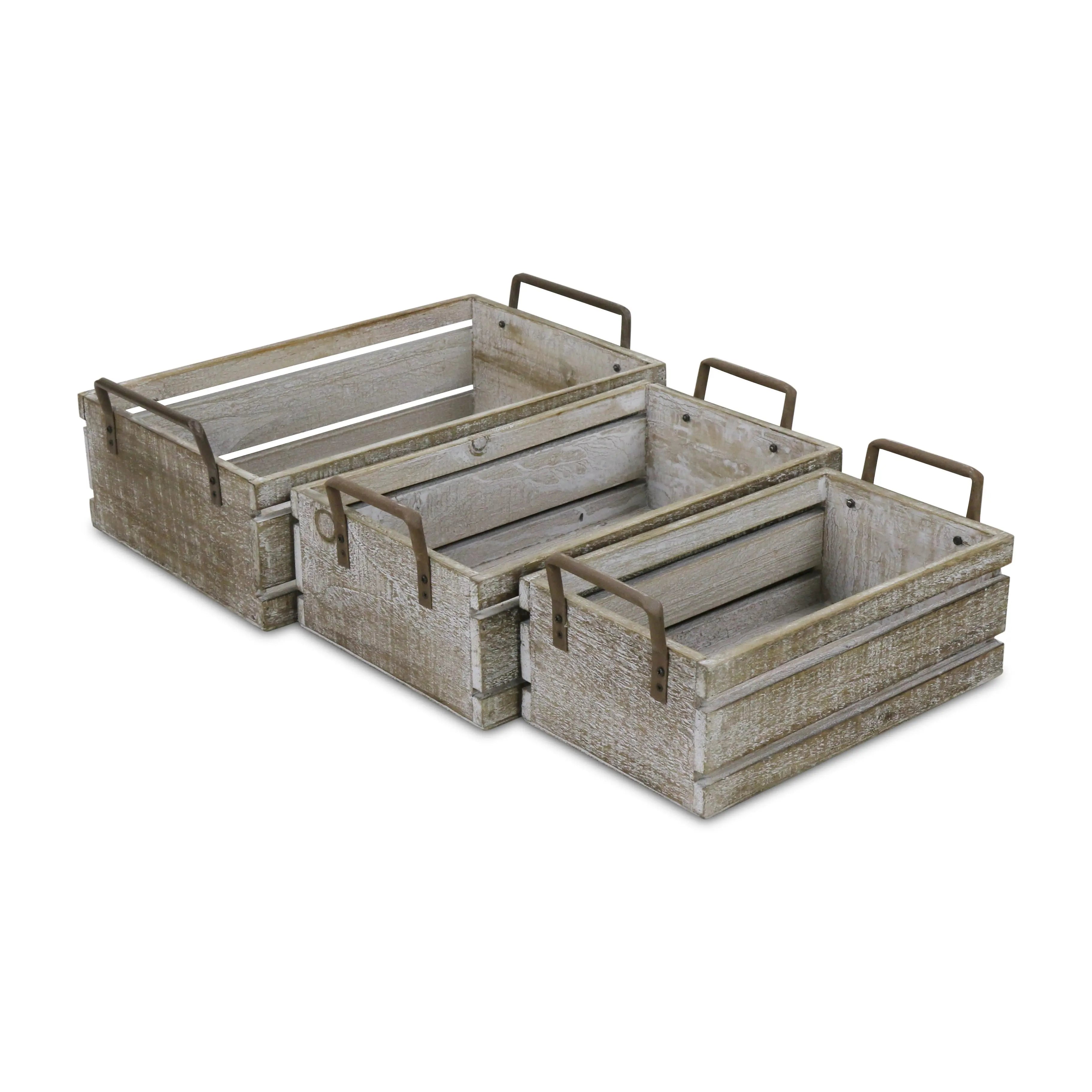 Set of Three Gray Nesting Solid Wood And Metal Crate Homeroots Office