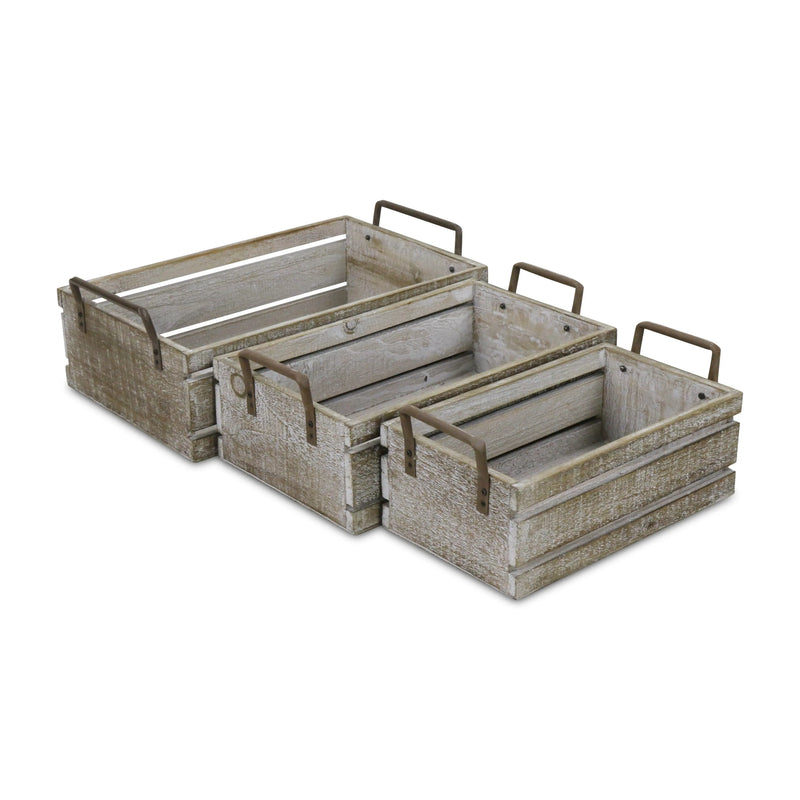 Set of Three Gray Nesting Solid Wood And Metal Crate Homeroots Office