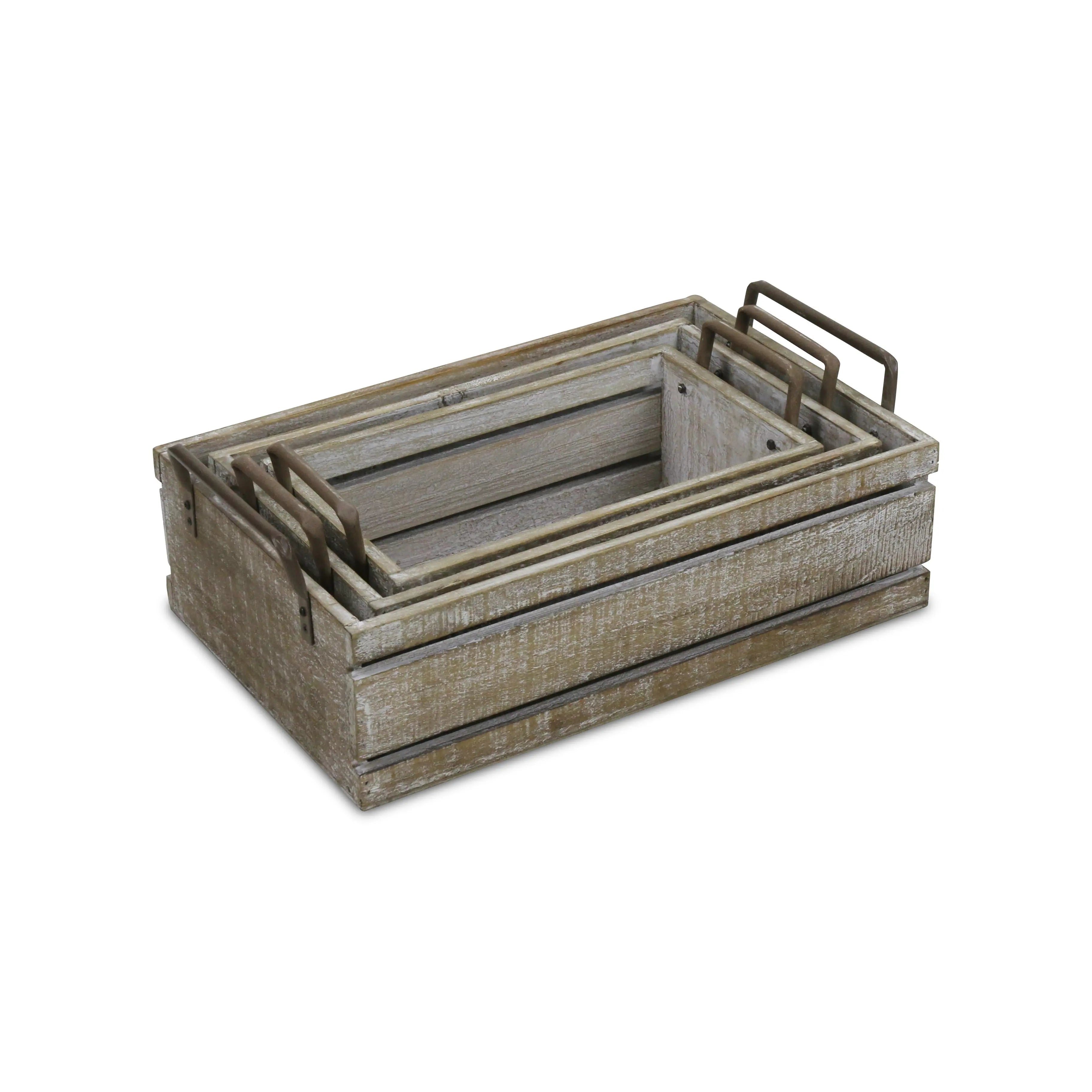 Set of Three Gray Nesting Solid Wood And Metal Crate Homeroots Office