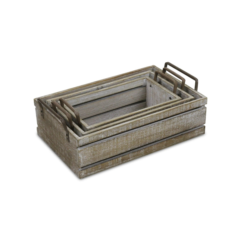 Set of Three Gray Nesting Solid Wood And Metal Crate Homeroots Office