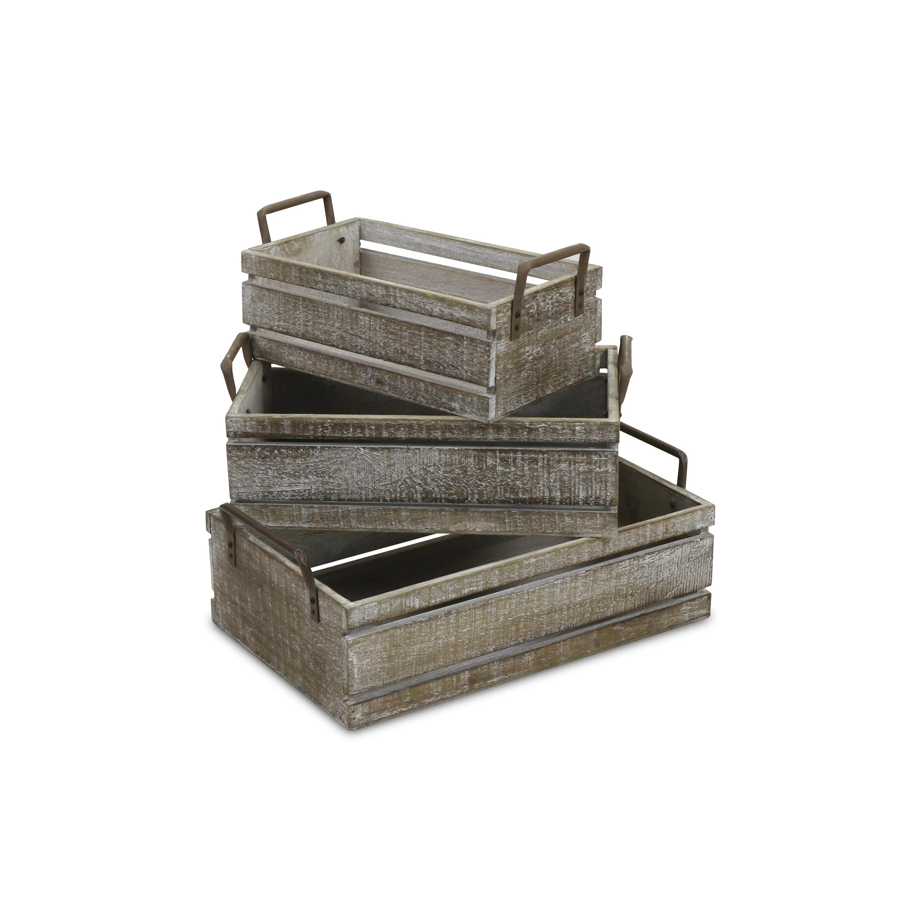 Set of Three Gray Nesting Solid Wood And Metal Crate Homeroots Office