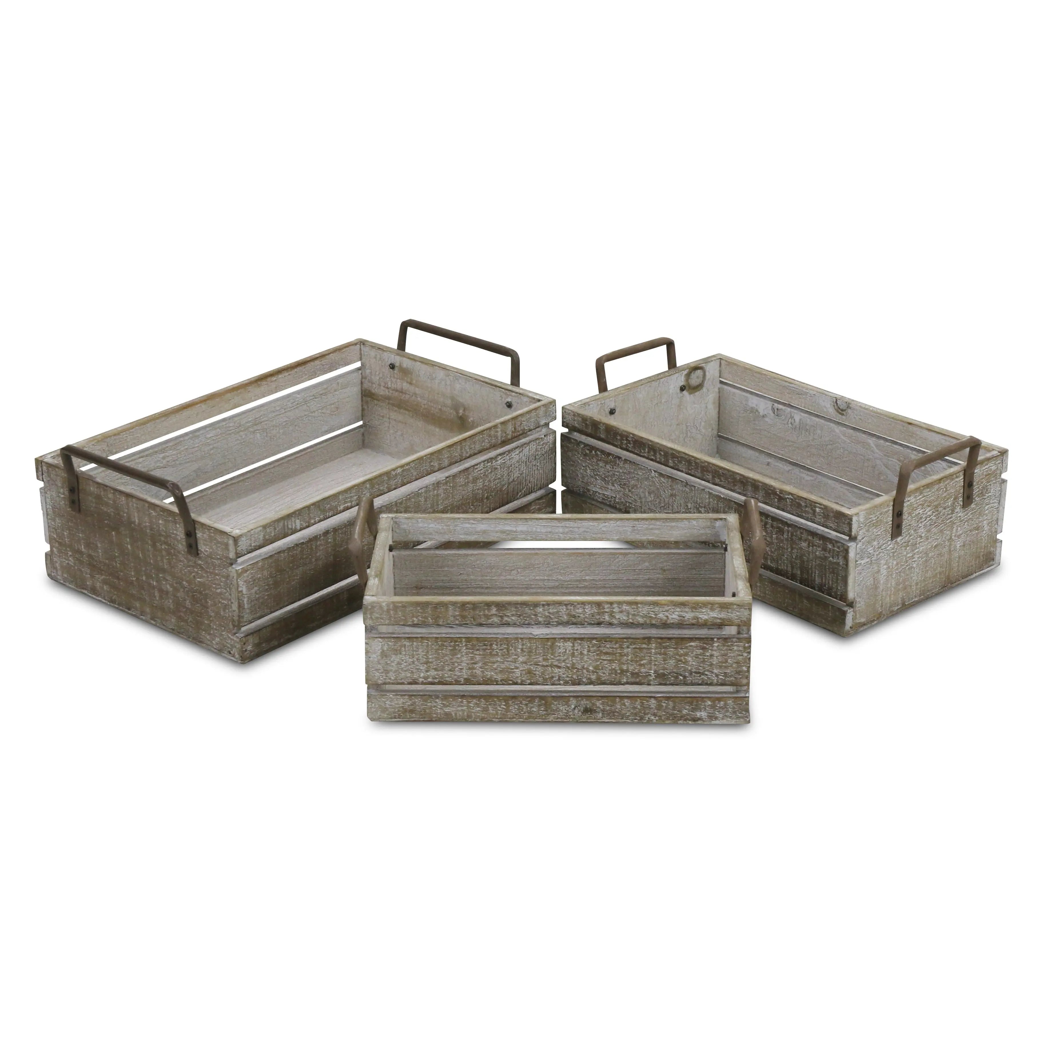 Set of Three Gray Nesting Solid Wood And Metal Crate Homeroots Office