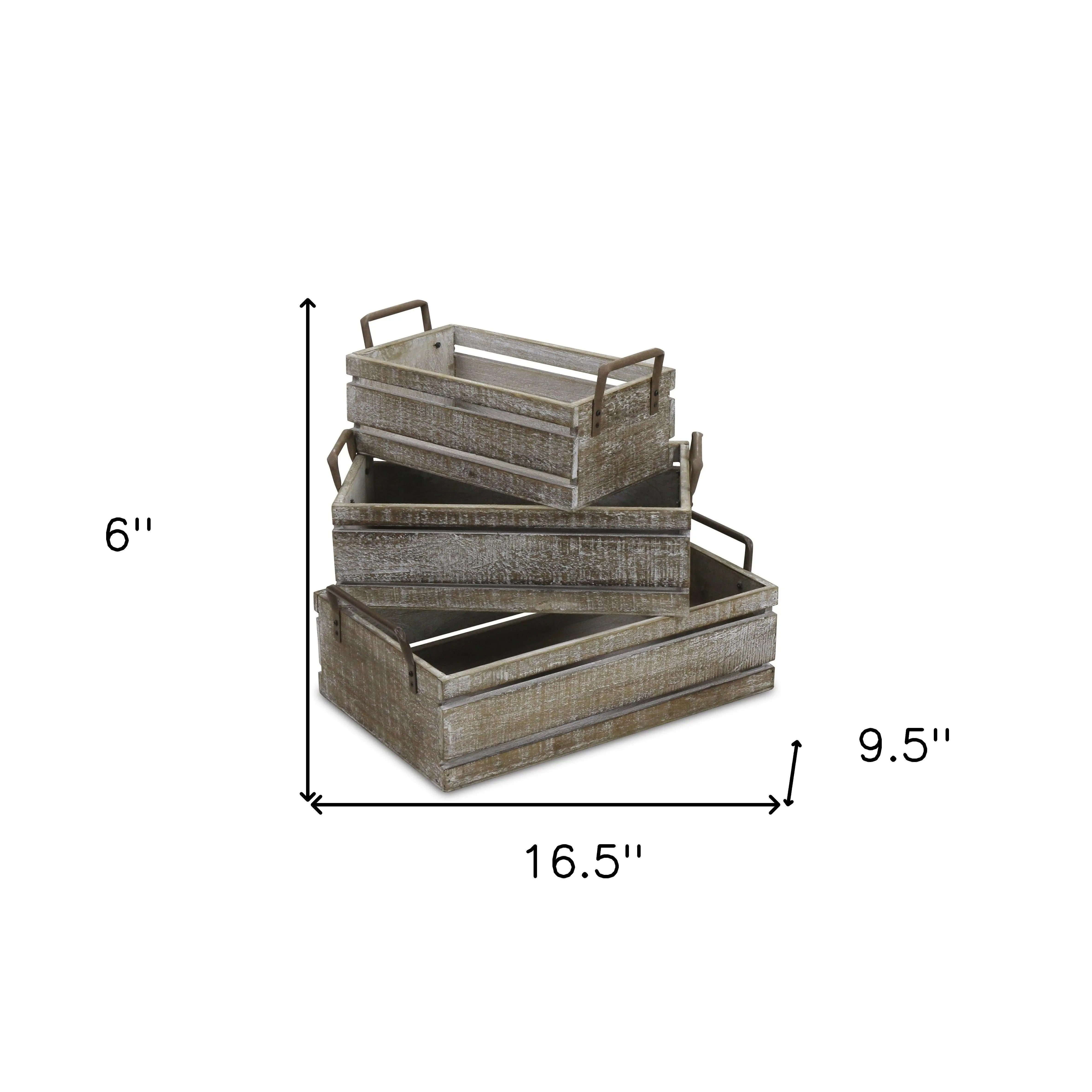 Set of Three Gray Nesting Solid Wood And Metal Crate Homeroots Office