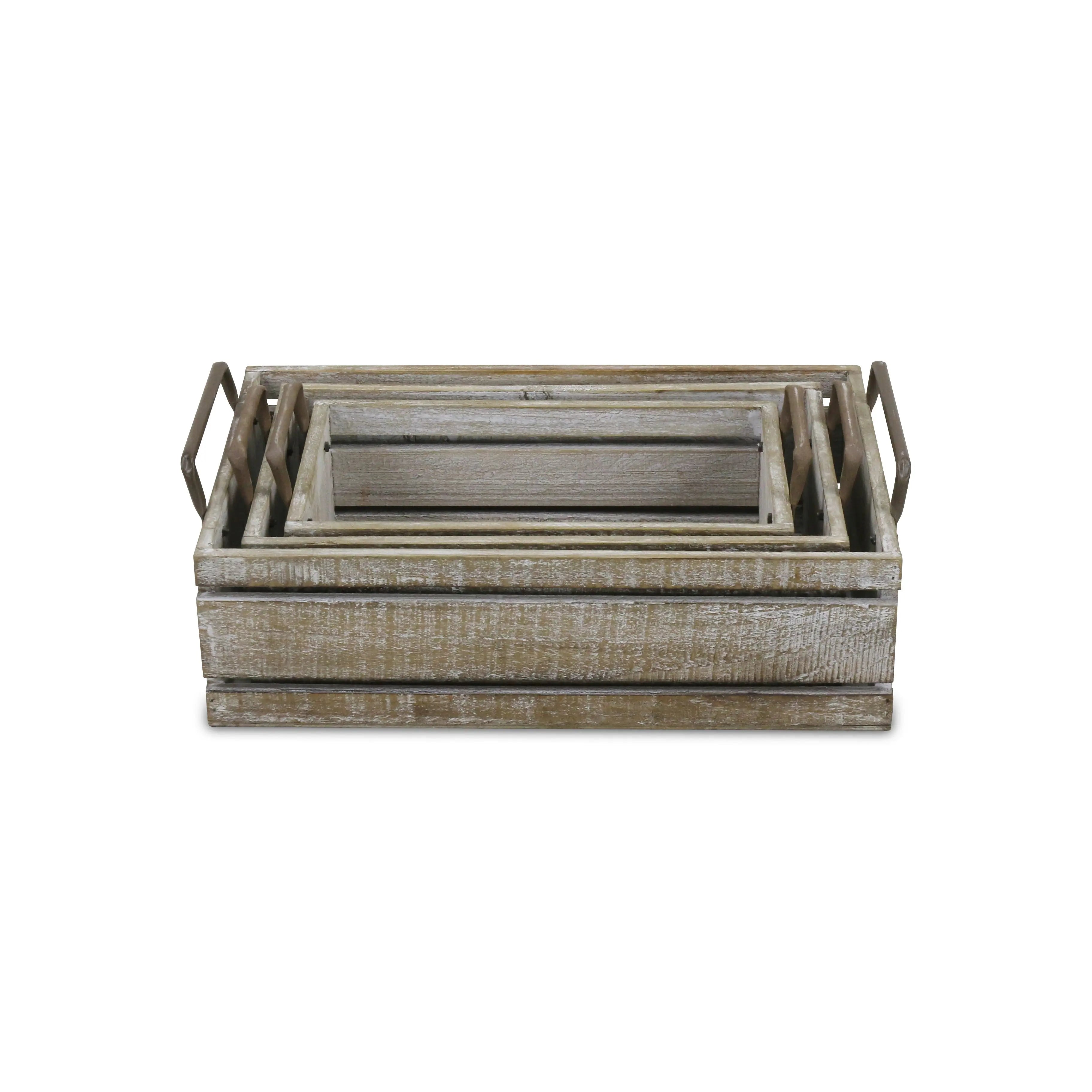 Set of Three Gray Nesting Solid Wood And Metal Crate Homeroots Office