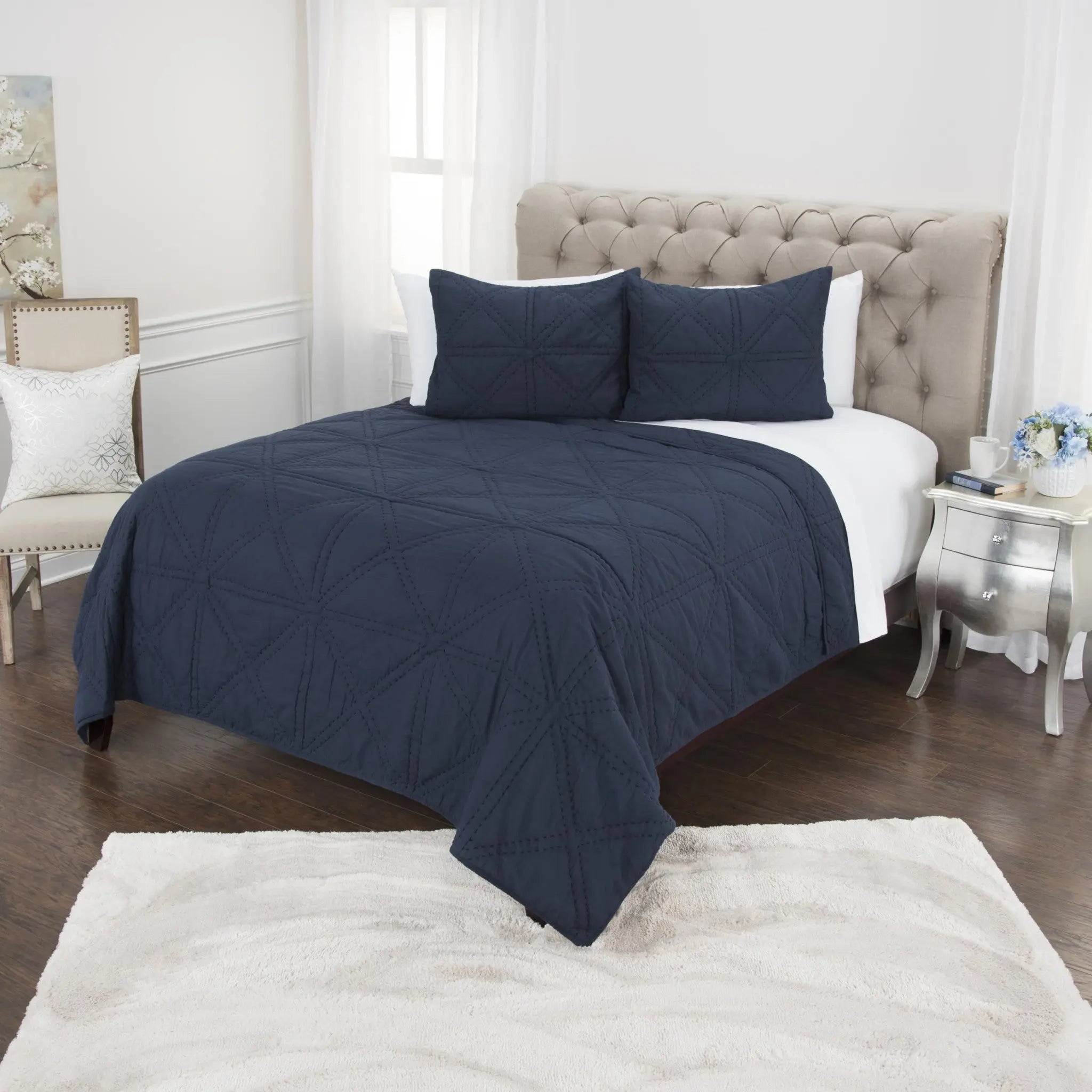 Set of Three Indigo Geometric King Quilt - GreatEagleInc