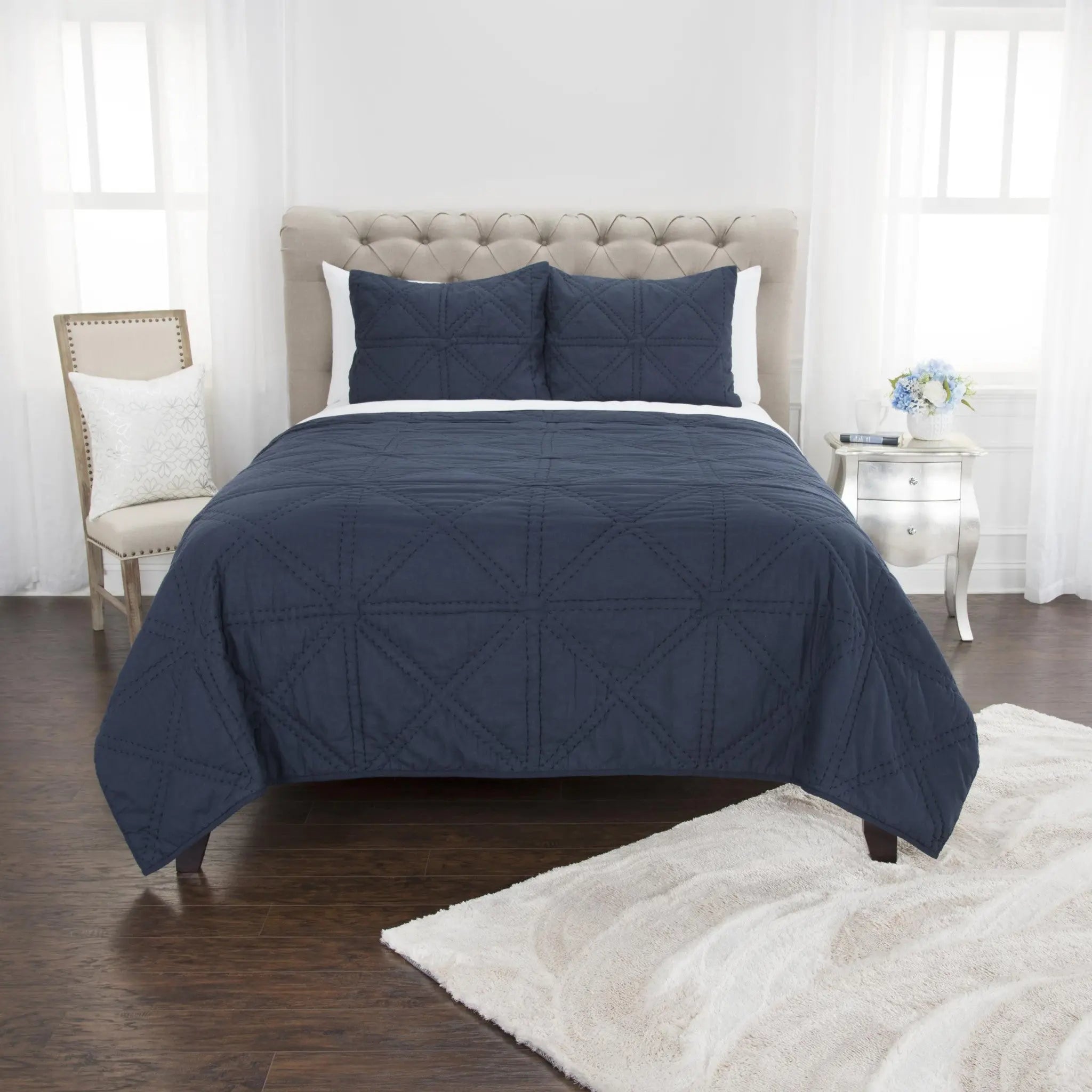 Set of Three Indigo Geometric King Quilt - GreatEagleInc