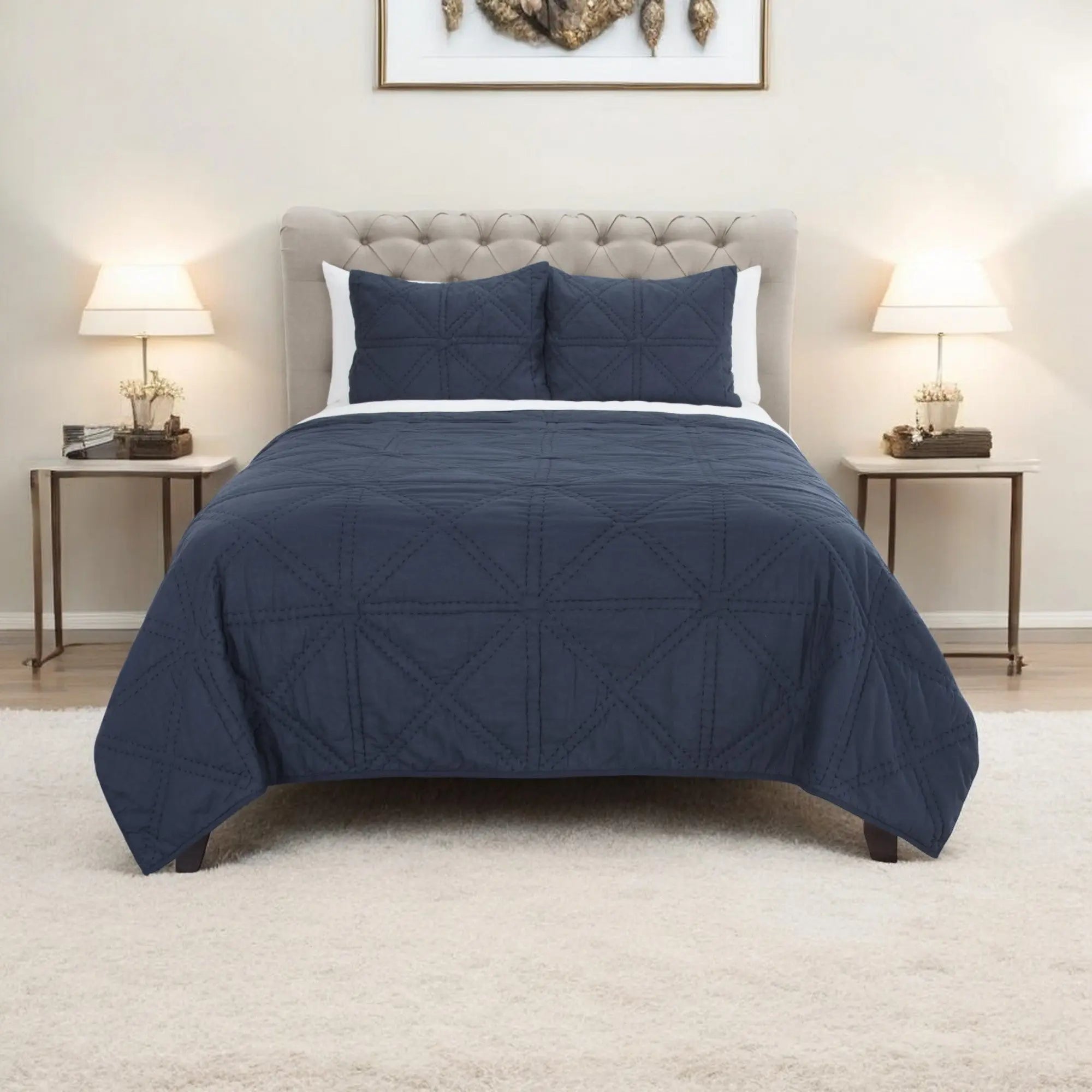 Set of Three Indigo Geometric King Quilt - GreatEagleInc