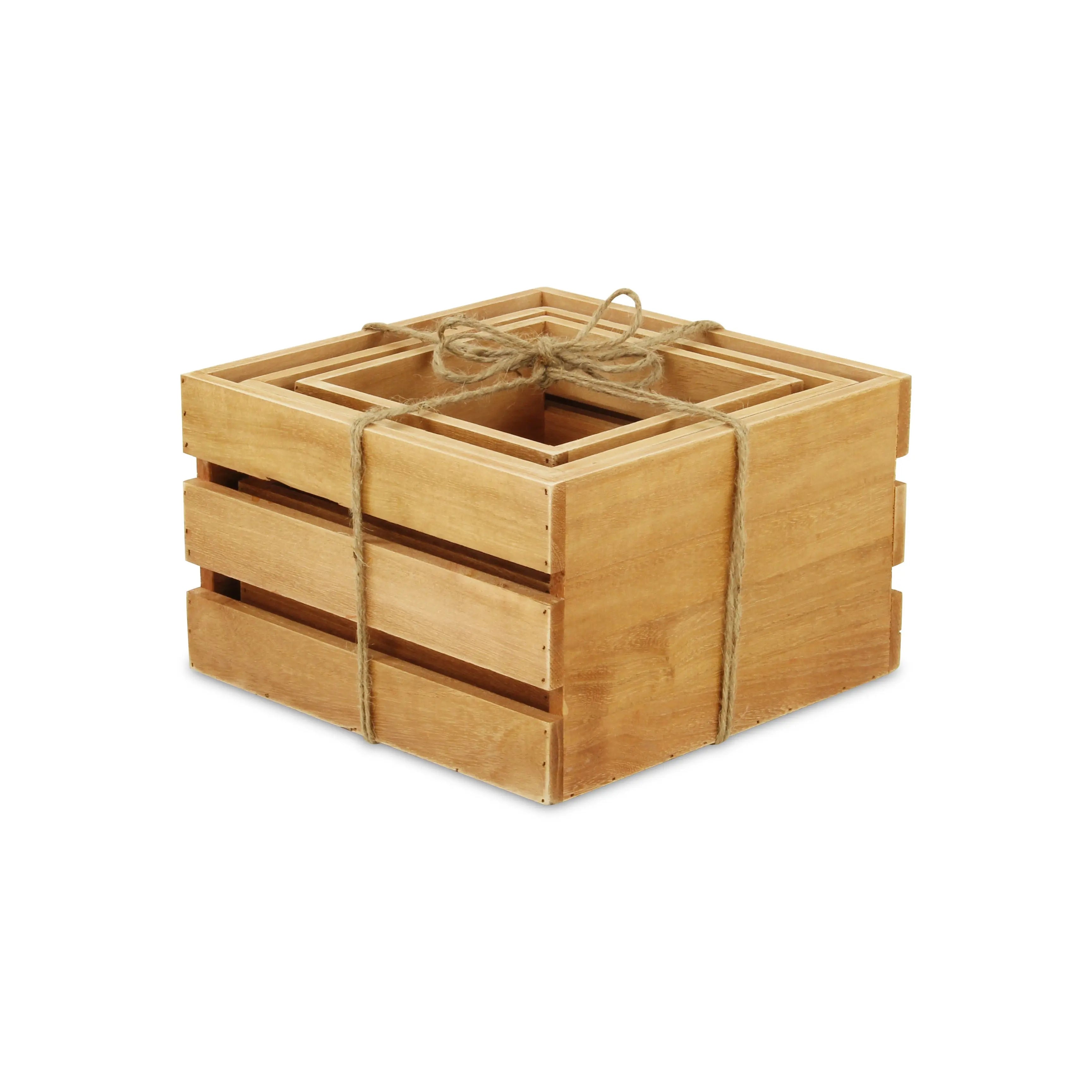 Set of Three Light Brown Nesting Solid Wood Crate Homeroots Office