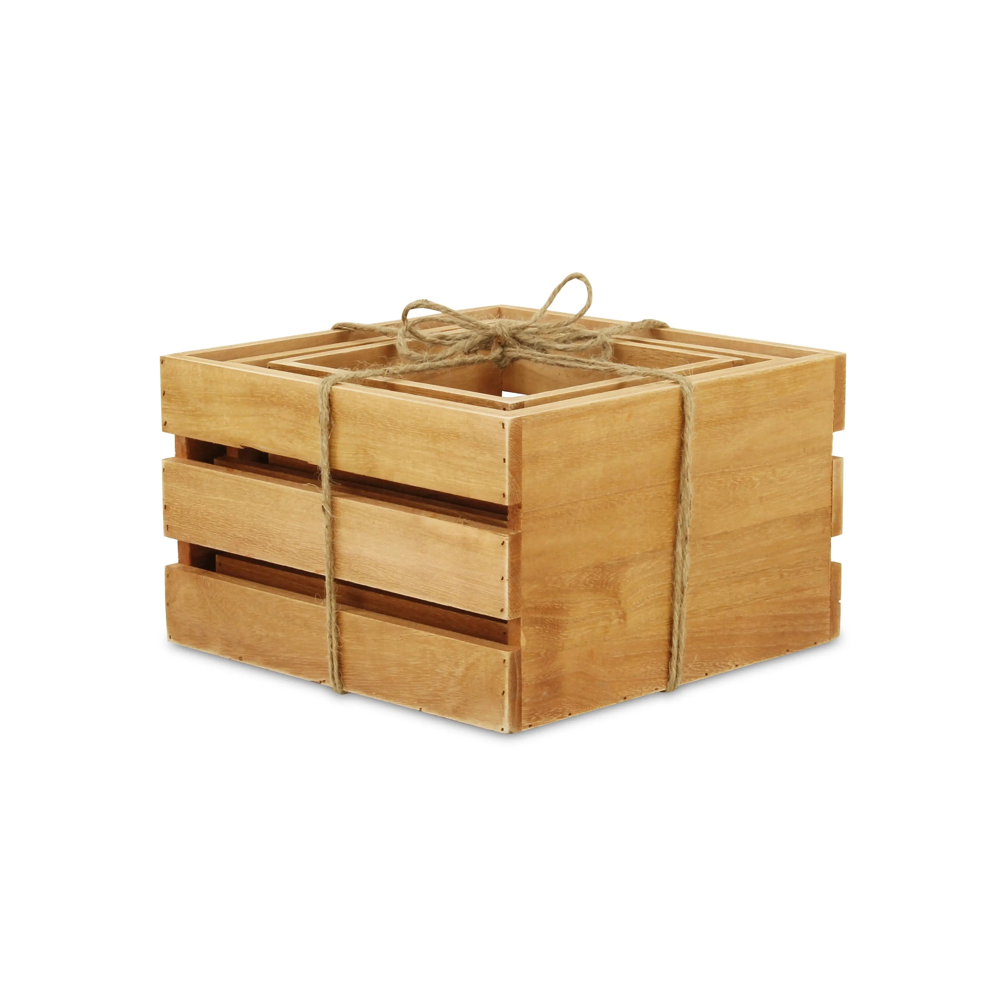Set of Three Light Brown Nesting Solid Wood Crate Homeroots Office