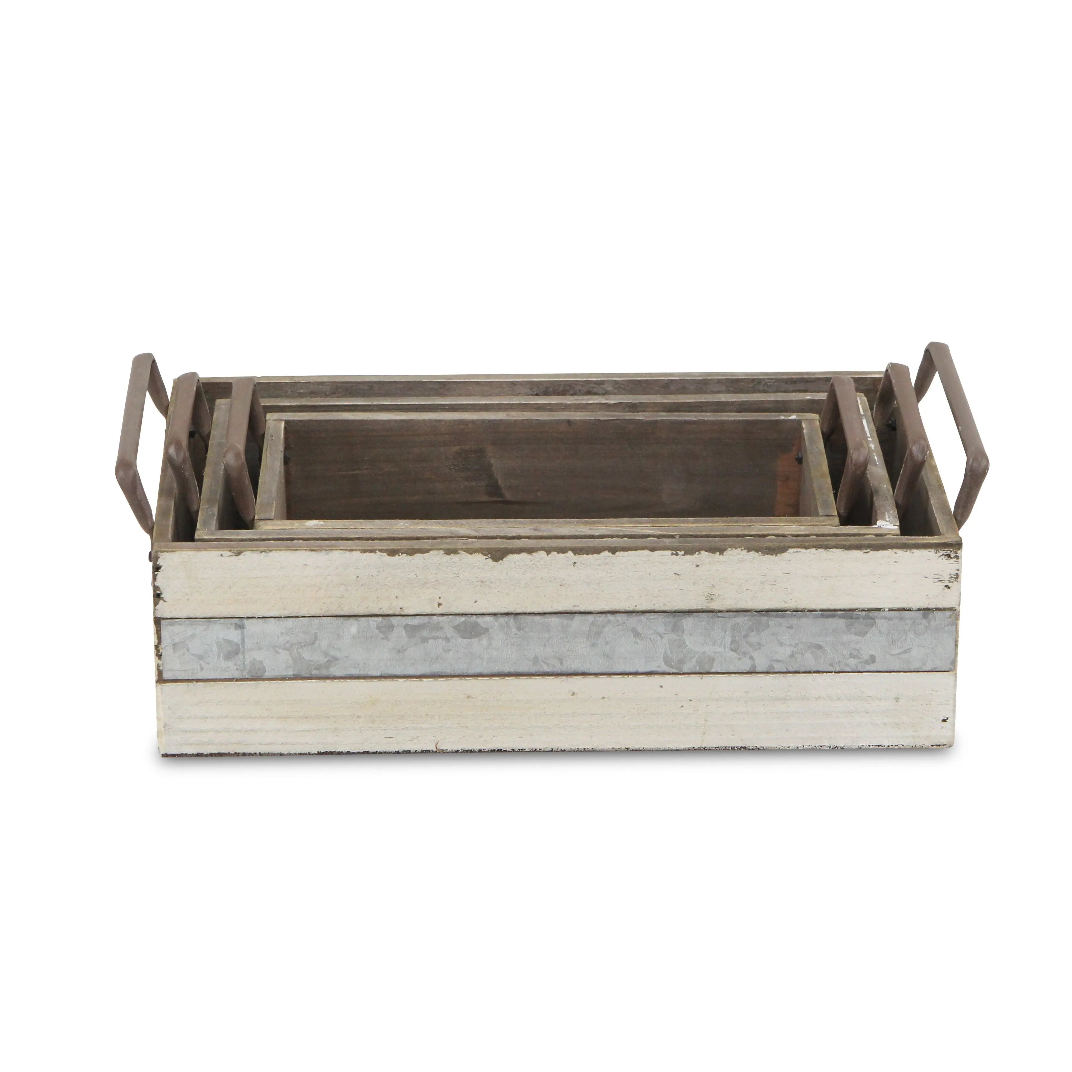 Set of Three Off White Nesting Solid Wood And Metal Crate Homeroots Office