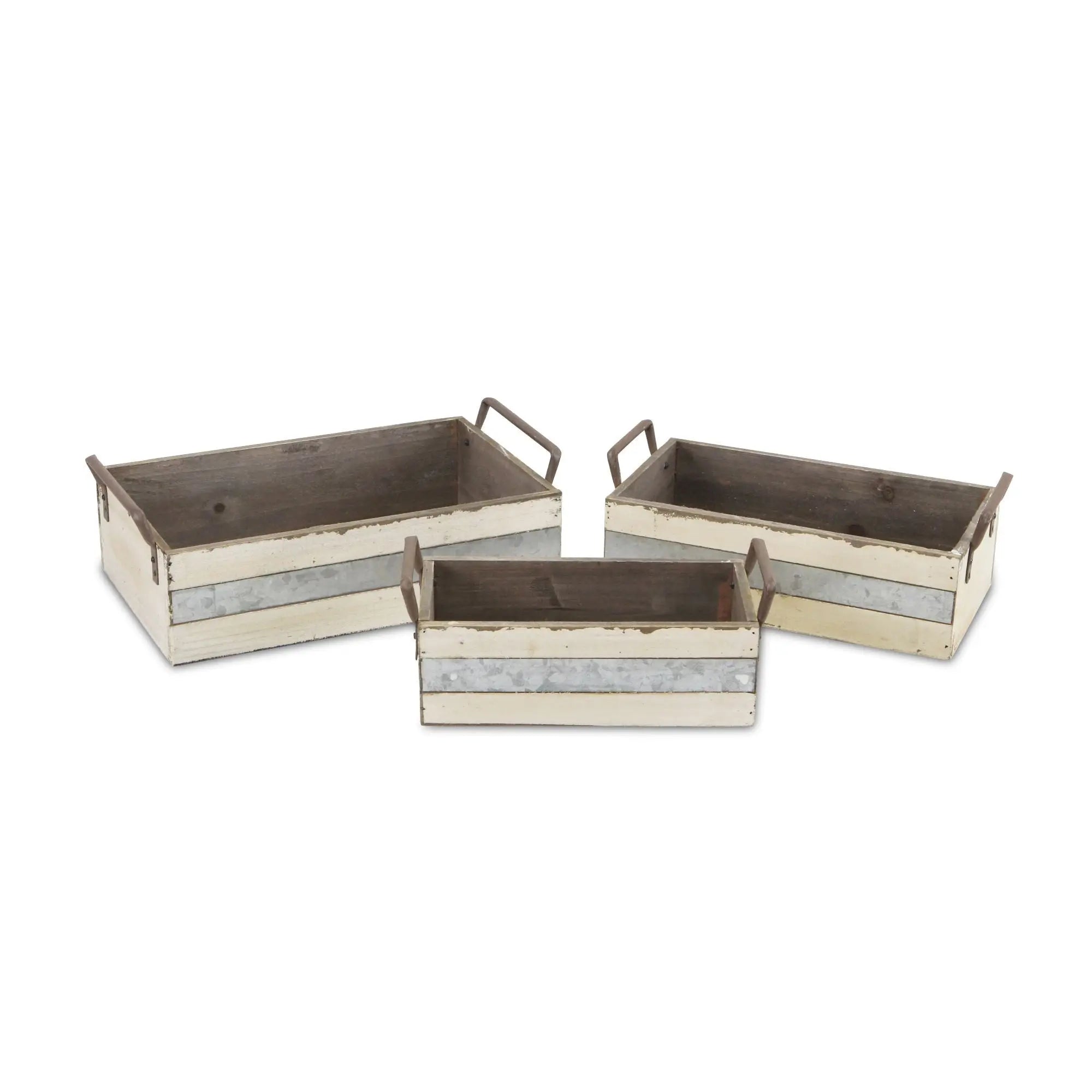 Set of Three Off White Nesting Solid Wood And Metal Crate Homeroots Office
