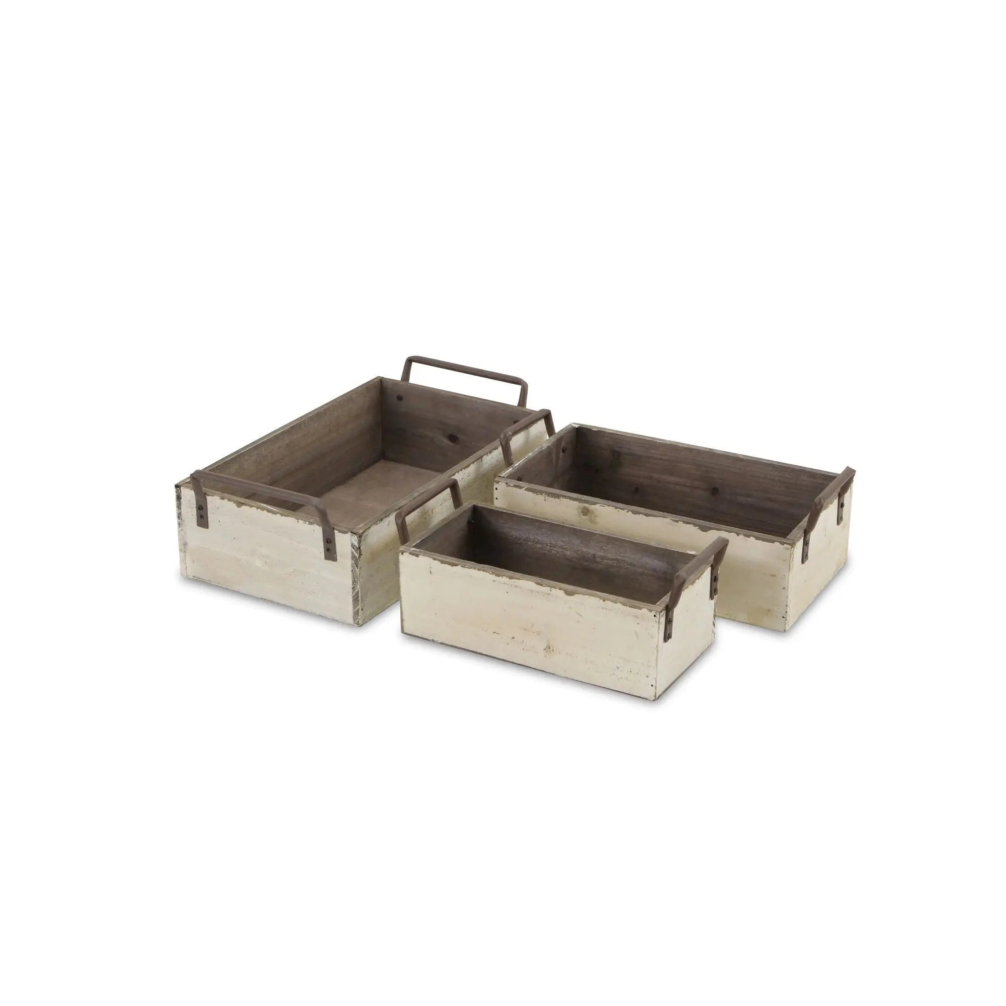 Set of Three Off White Nesting Solid Wood And Metal Crate Homeroots Office
