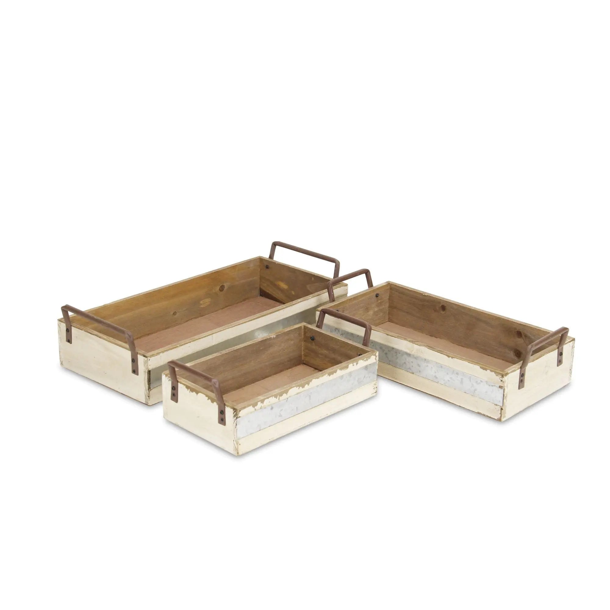 Set of Three White Nesting Solid Wood And Metal Crate Homeroots Office
