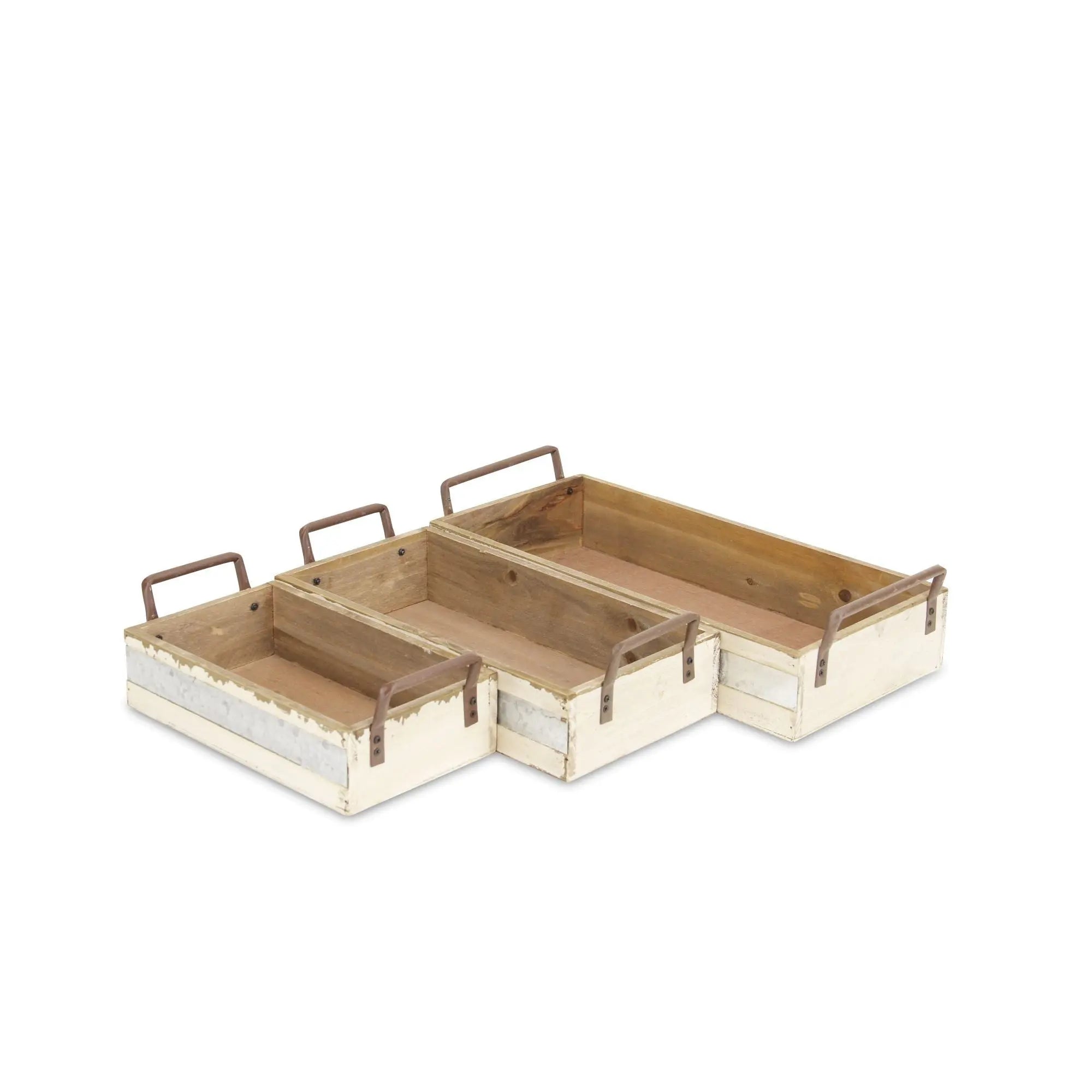 Set of Three White Nesting Solid Wood And Metal Crate Homeroots Office