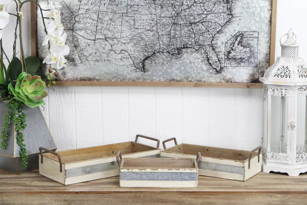 Set of Three White Nesting Solid Wood And Metal Crate Homeroots Office