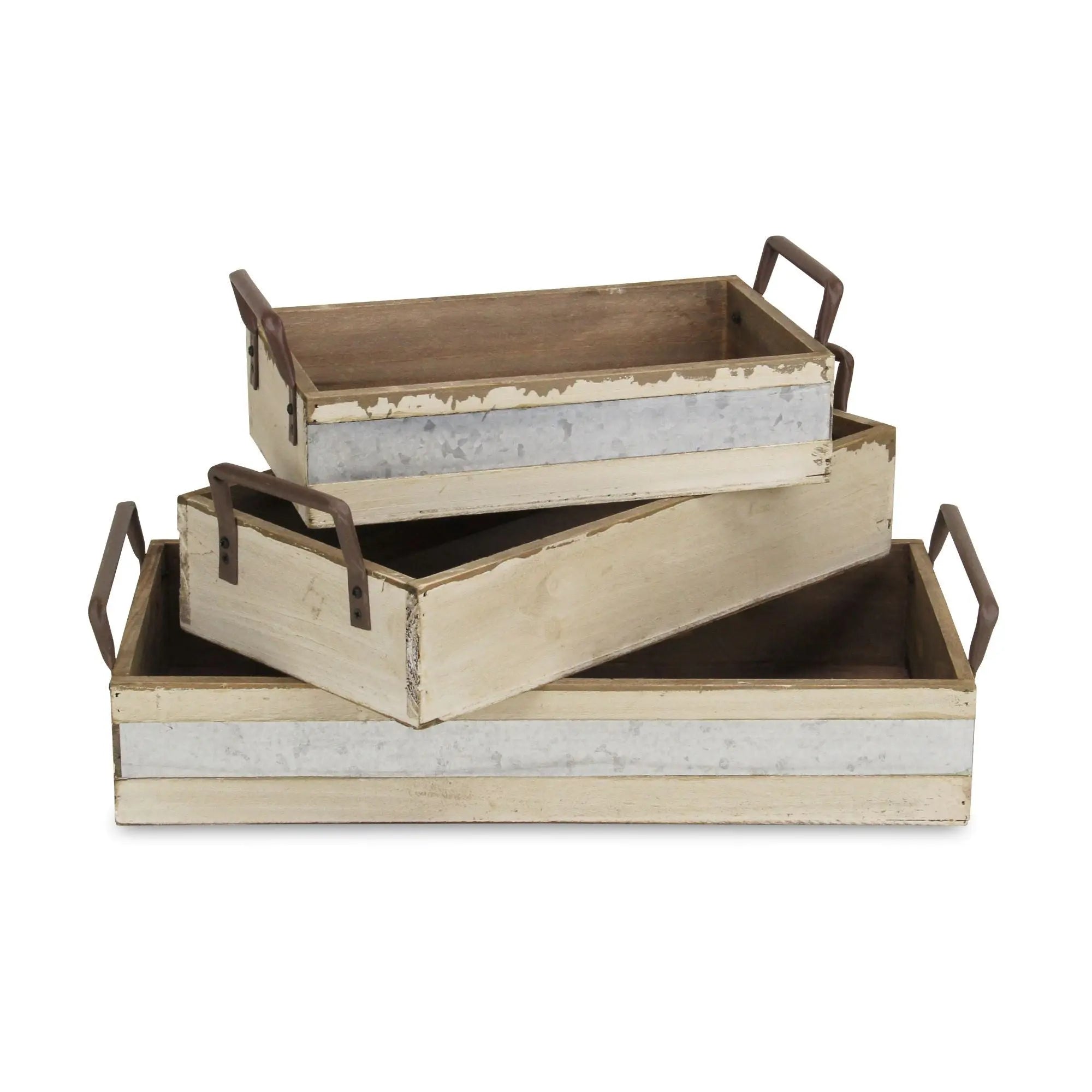 Set of Three White Nesting Solid Wood And Metal Crate Homeroots Office