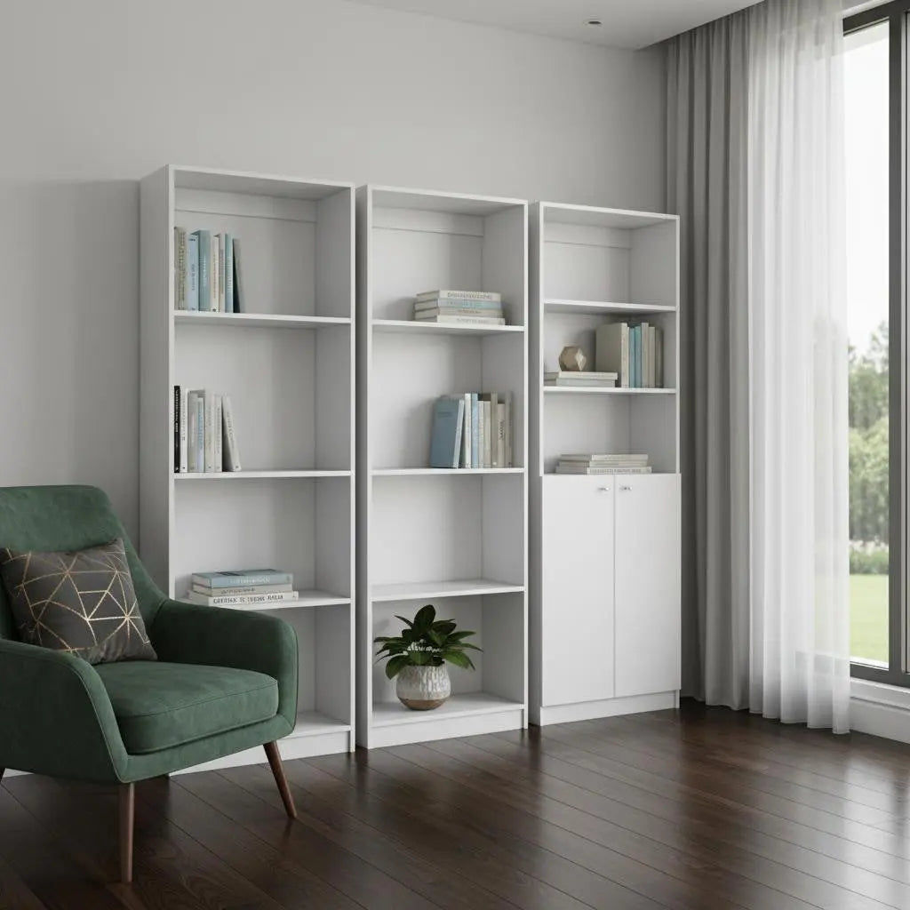 Set of Three White Wood Eleven Tier Modular Bookcase with Two Doors Homeroots Office